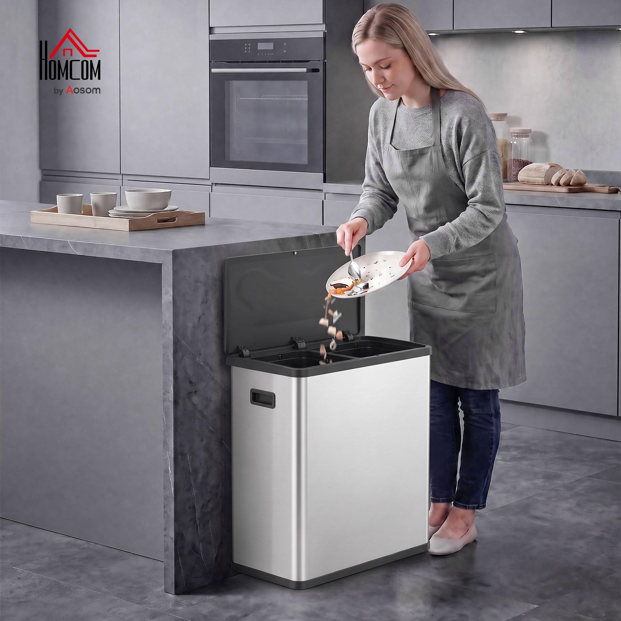 HOMCOM Poubelle de Cuisine Automatique 60L (2 x 30L) à Double Compartiment