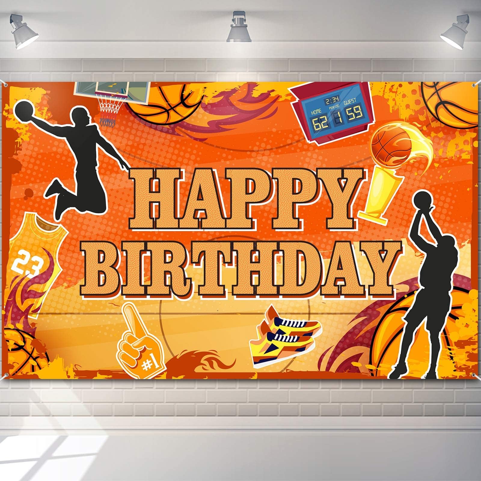 Basketball Happy Birthday Backdrop Banner Basketball Theme Party Decoration Sports Theme Birthday Photography Background Supplies Basketball Court Stars Photo Booth Props for Kids Boys Birthday Party