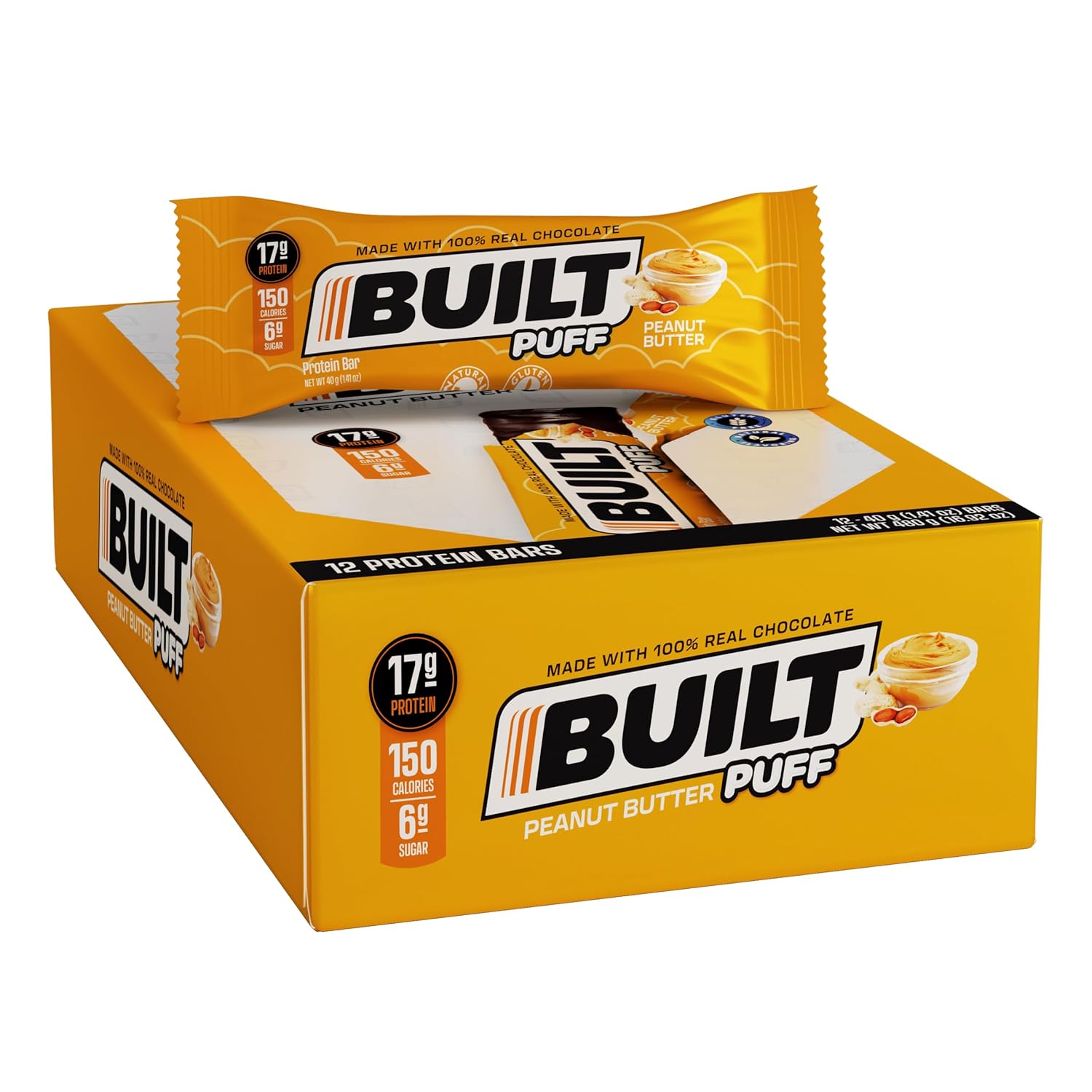 BUILT Protein Bars, Peanut Butter Puff, 12 bars, Protein