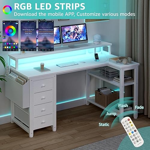 Miniatura 4 de Lufeiya Escritorio en forma de L con luces LED y tomas de corriente, escritorio de 47 pulgadas para computadora de estudio, escritorio de juegos con
