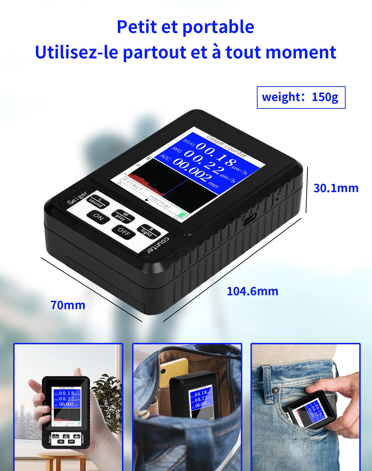 LAOYE Compteur Geiger Détecteur de Rayonnement Nucléaire Détecteur de Radiations Dosimètre Radioactivité Moniteur de Rayonnement Détection Rayons Bêta Gamma X-Ray - avec écran LCD