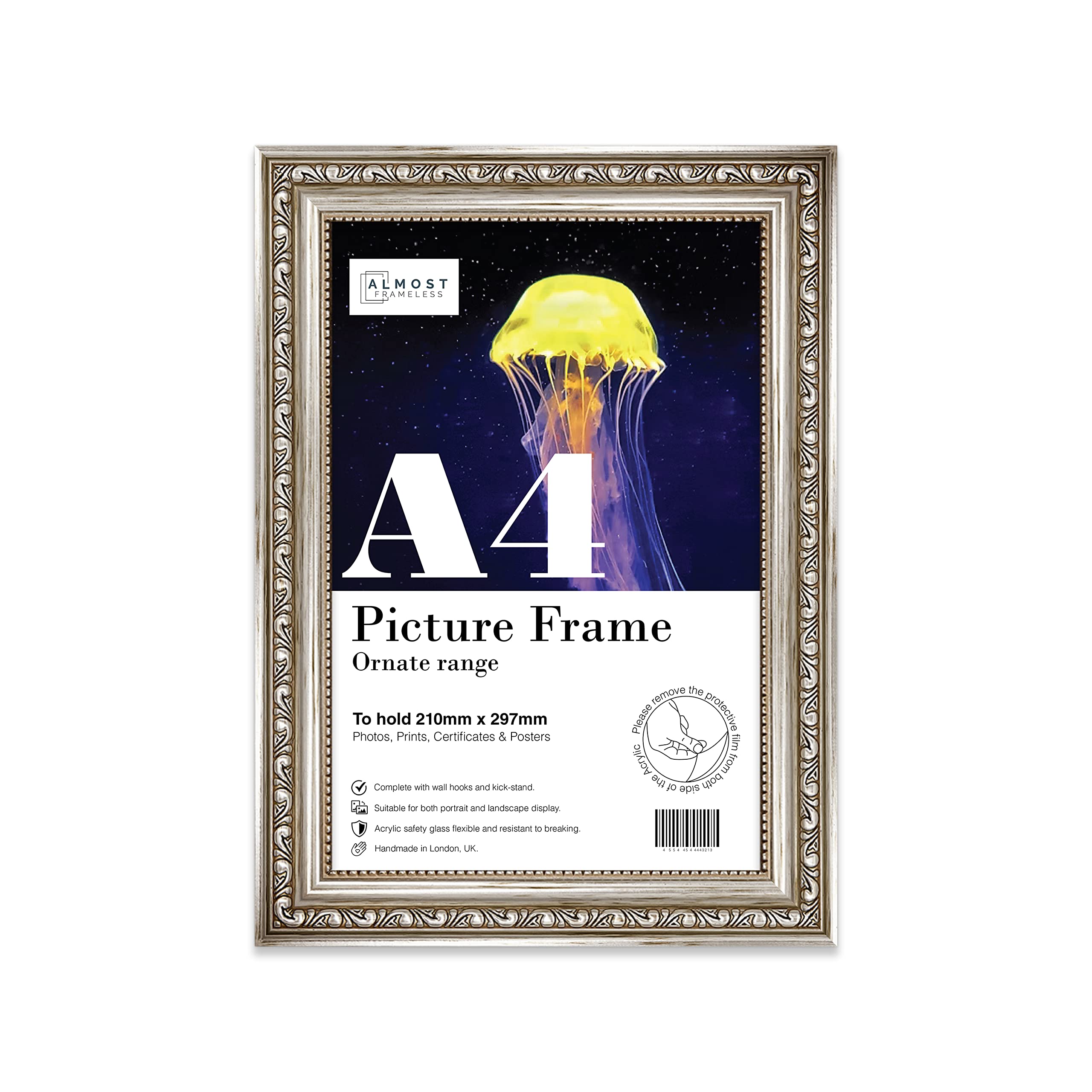 Almost Frameless A4 Silver Ornate Picture Frame Fits A4 (21 x 29.7cm - 8.3 x 11.7in) Poster, Photo, Artwork, or Print. Opulent Style Portrait and Landscape Display with Wall Hooks โ image 1