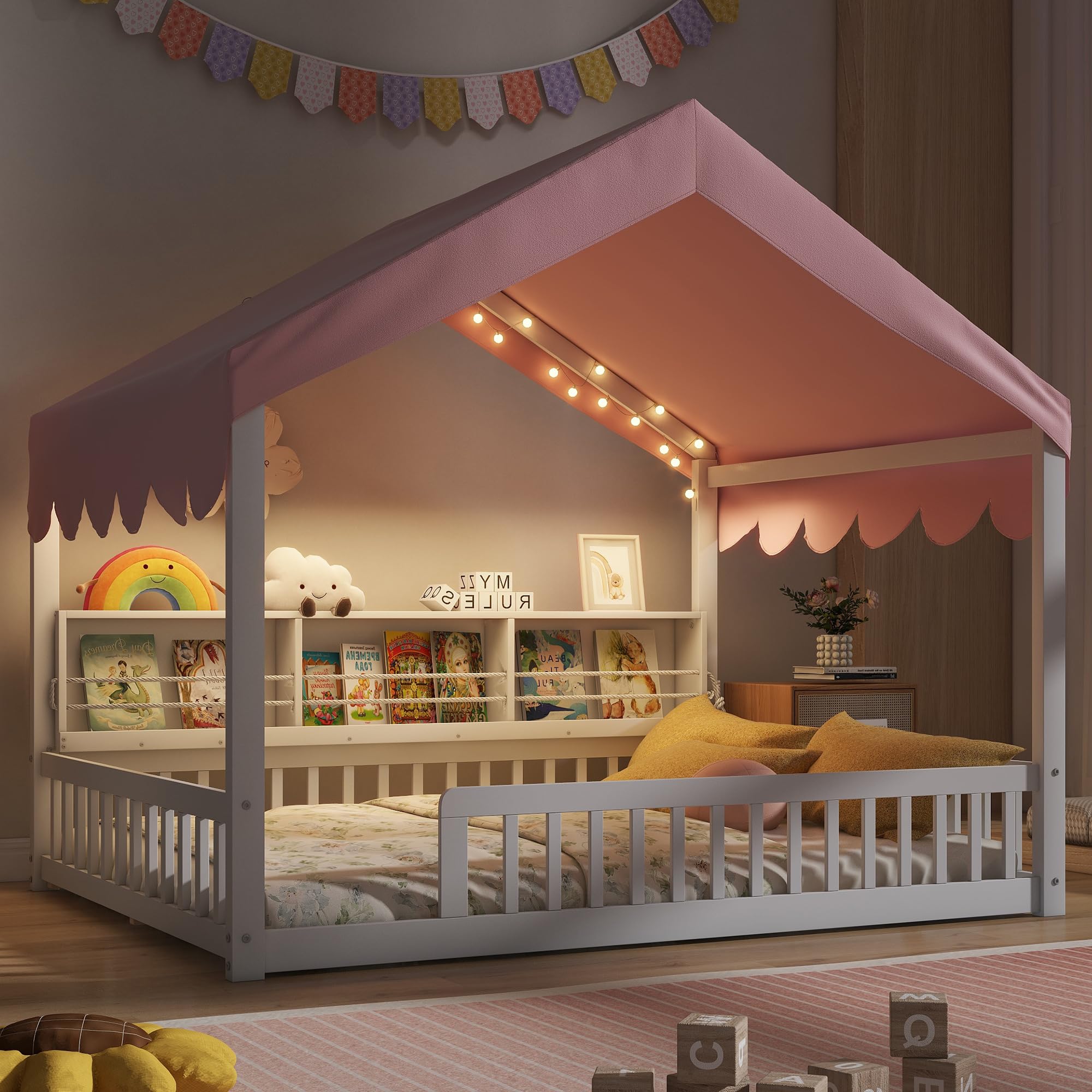 Full Size Wooden Floor Bed for Kids,House-Shaped Daybed with Fense,3 Storage Bookshelves,Curtain and LED Light (White+Pink6)