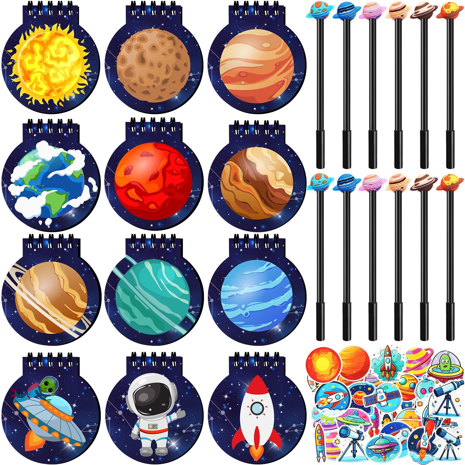 Feifeiya 74 Pcs Outer Space Planets Theme Party Favors Bulk Mini Spiral Notepads and Pens Stickers Set for Theme Party Birthday Classroom School Reward Gift Prizes Goodie Bags Stuffers