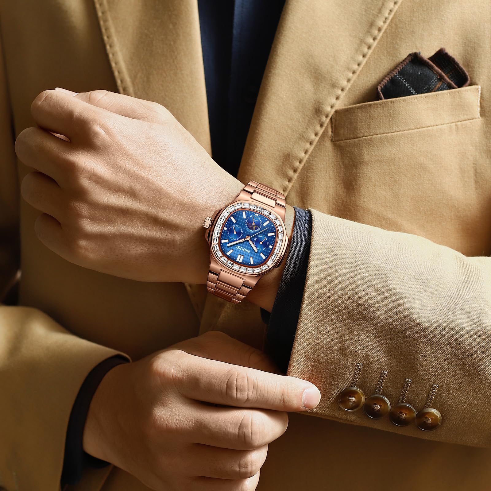 NIBOSI Orologio da polso da uomo analogico al quarzo multifunzione cronografo fase lunare impermeabile luminoso in acciaio inox