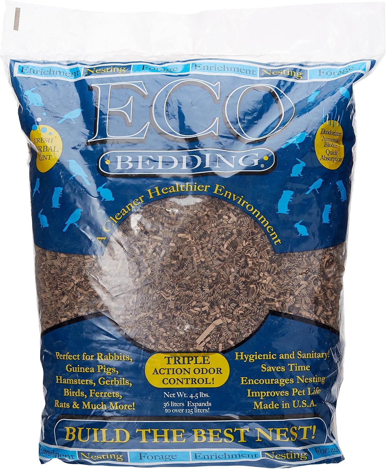 ECO Bedding 99% Dust Free Paper Bedding for Small Pets and Birds, Odor Control, 4.5 lb (Expands to 125 L)
