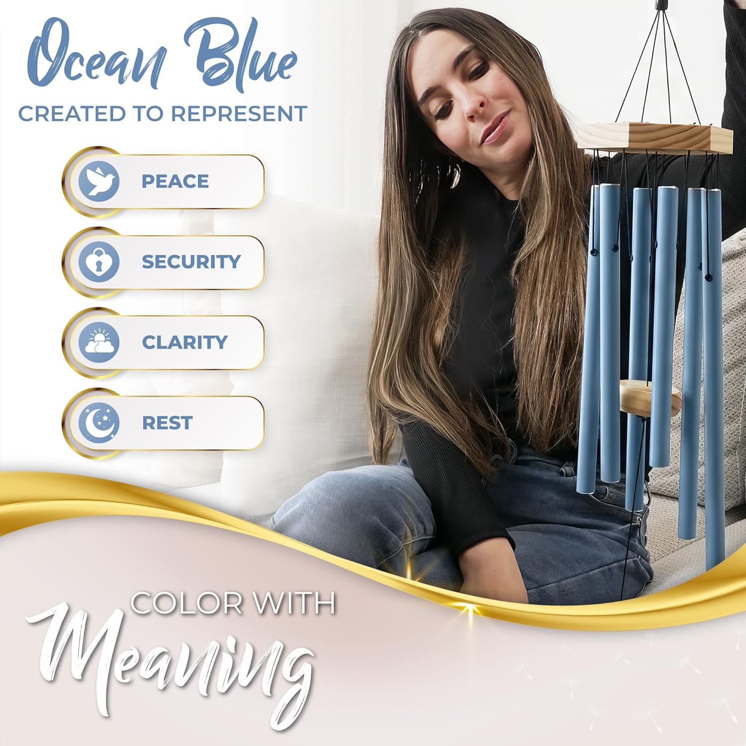 Tree of Life Memorial Wind Chimes for Loss of Loved One (2pc Bundle Set) – Beautifully Packaged Memory Tree Windchimes & Ocean Blue Sympathy Wind Chimes with Sympathy Card & Floral Keepsake (32" Size)