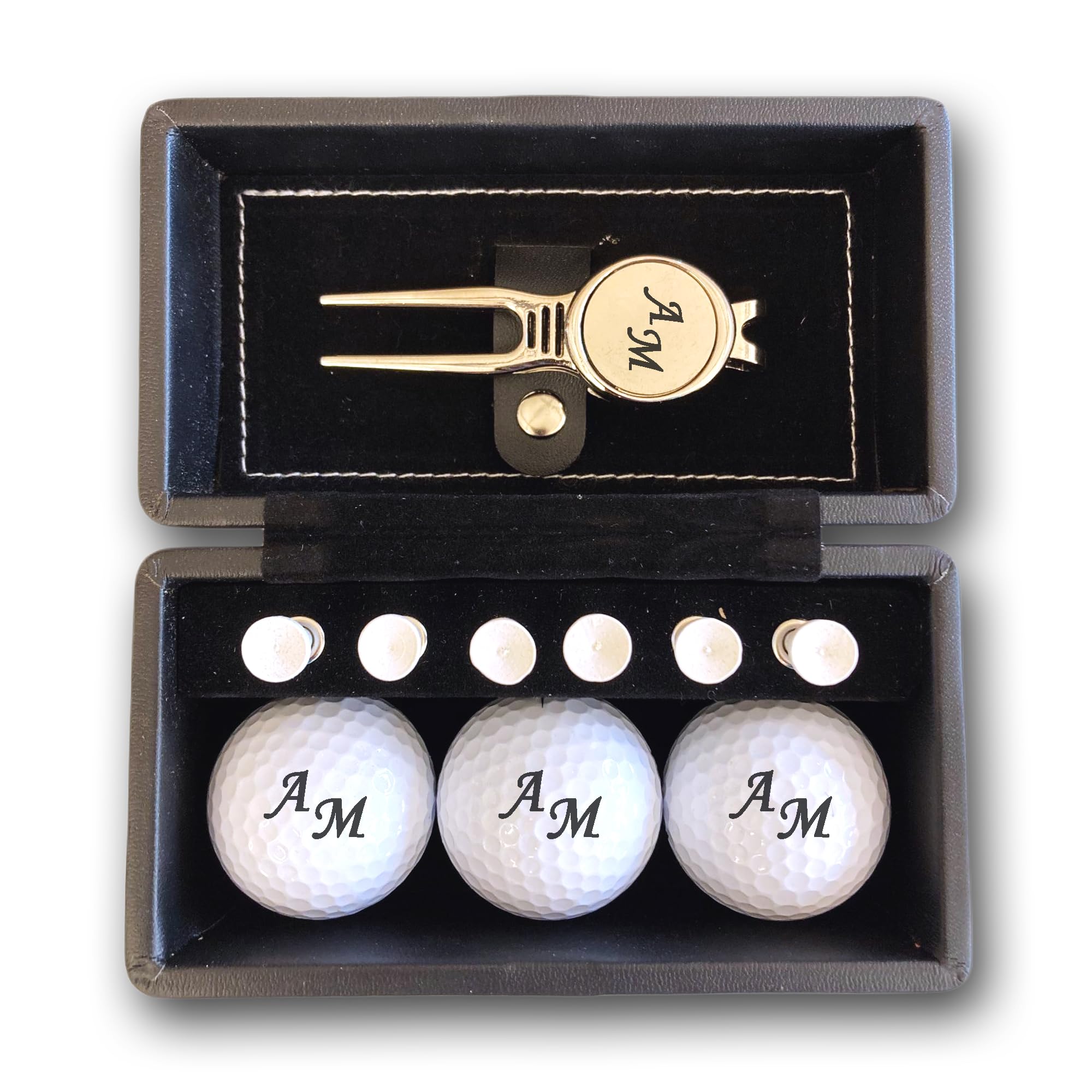 Golfball Set mit Gravur Initialen personalisiert 3 Wilson Golfbälle Pitchgabel und 6 Tees Geschenkbox schwarz Wunschtext Geschenk Golfer/in