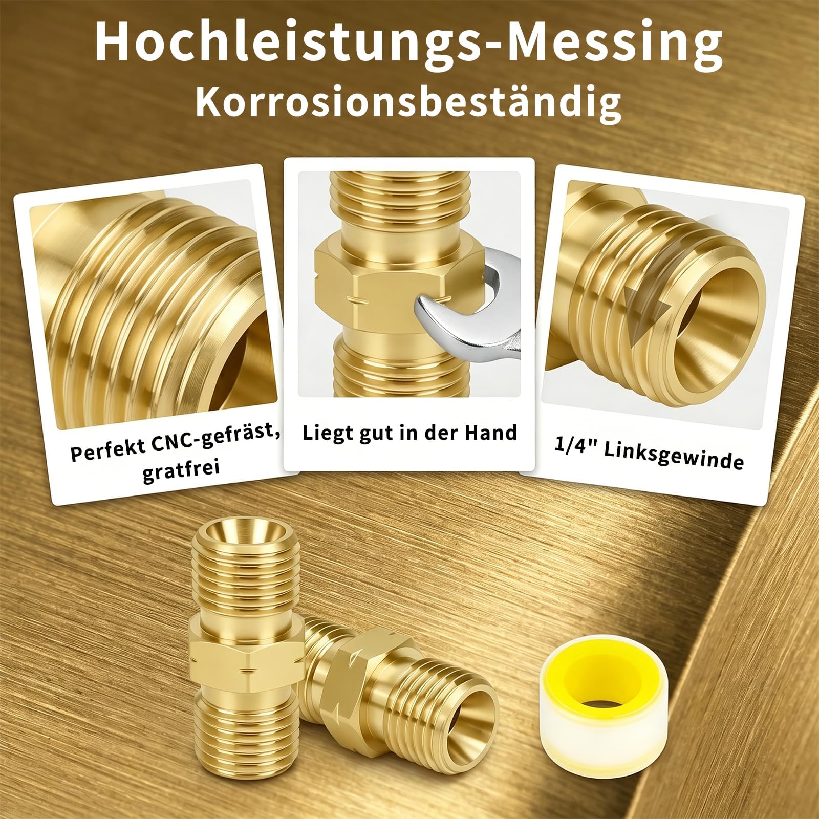 Gasschlauch Verbinder Doppelnippel 1/4 auf 1/4 Links Messing mit Dichtungsband 2 Stück