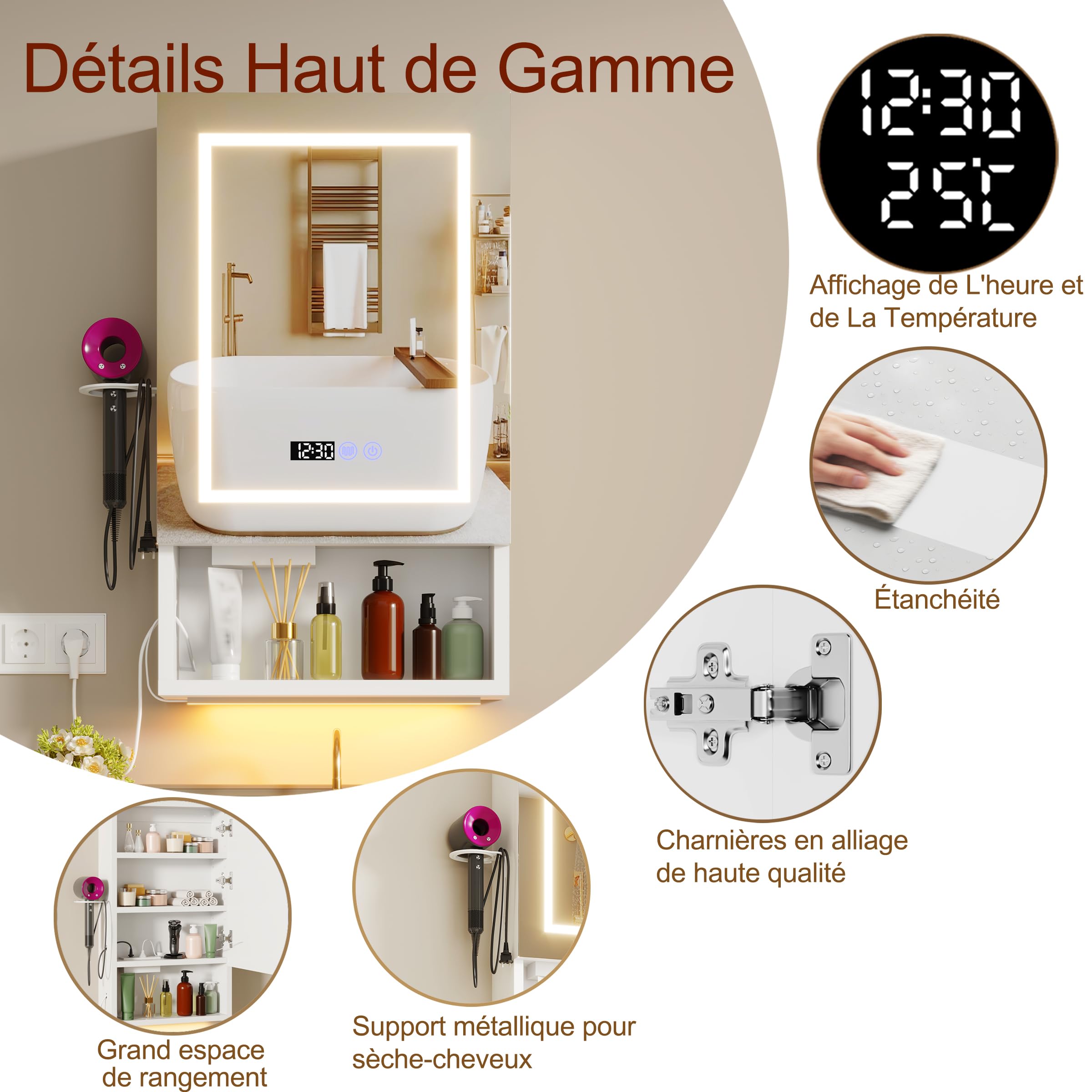 Armoire Salle de Bain avec Miroir Murale Armoire Miroir avec Éclairage et Fonction Antibuée 47 * 80 * 16 cm Meuble de Toilette avec Prise, 4 Compartiments et Support pour sèche-Cheveux