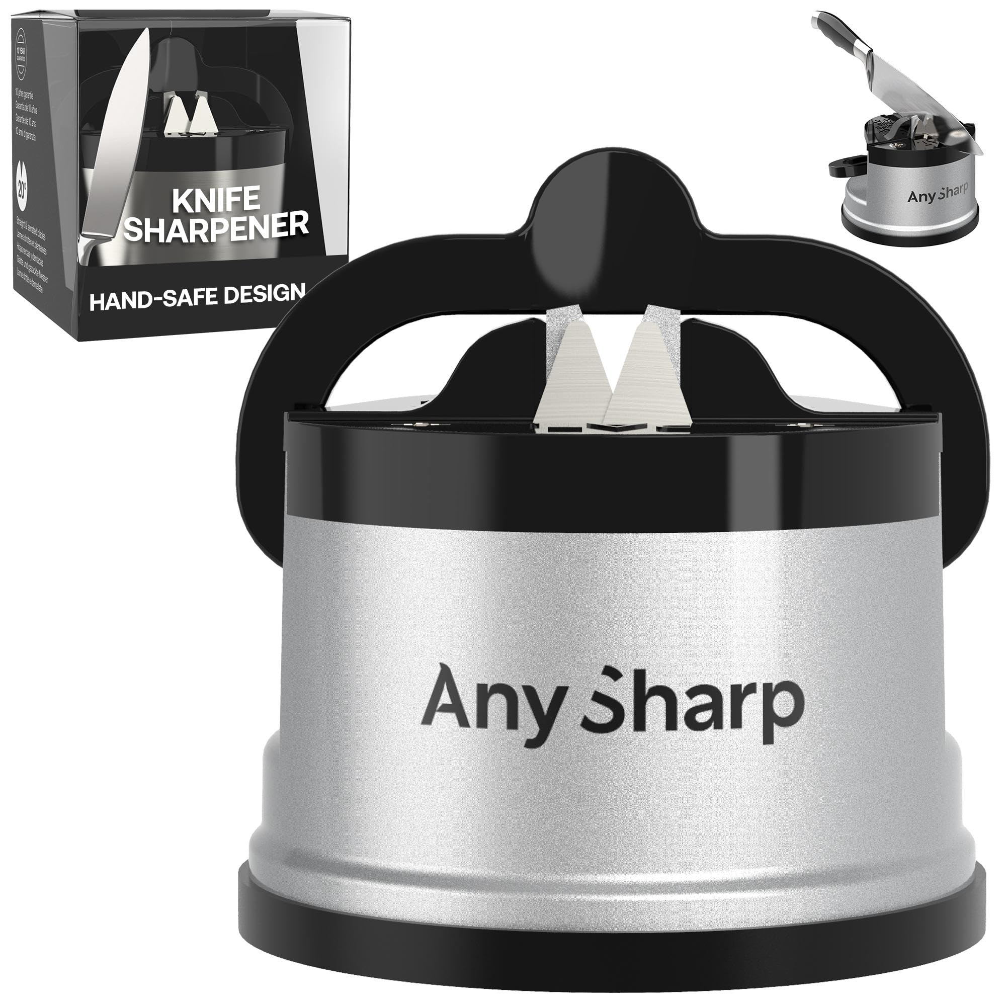 GLOBAL – Hands Free Knife Sharpener - Easy to Use Sharpening Tool with PowerGrip Suction Base and 20-Degree Pre-set Angle - For All Knives: Chef’s, Serrated, and Hardened Steel - Silver