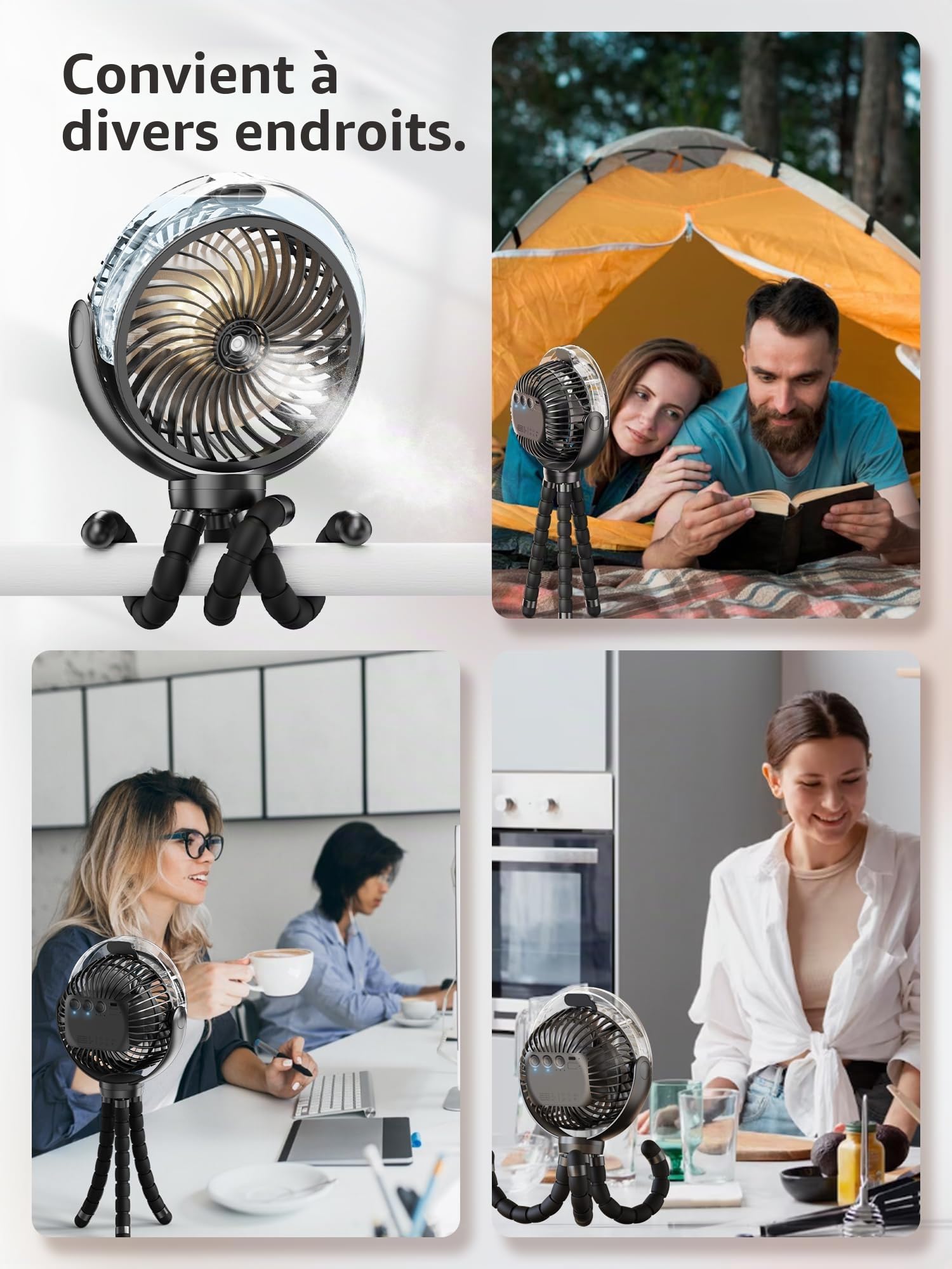 Ventilateur brumisateur pour poussette, 6000 mAh, batterie, portable avec lumière et pivot 360°, trépied flexible pour bébé, bureau, voyage, tapis