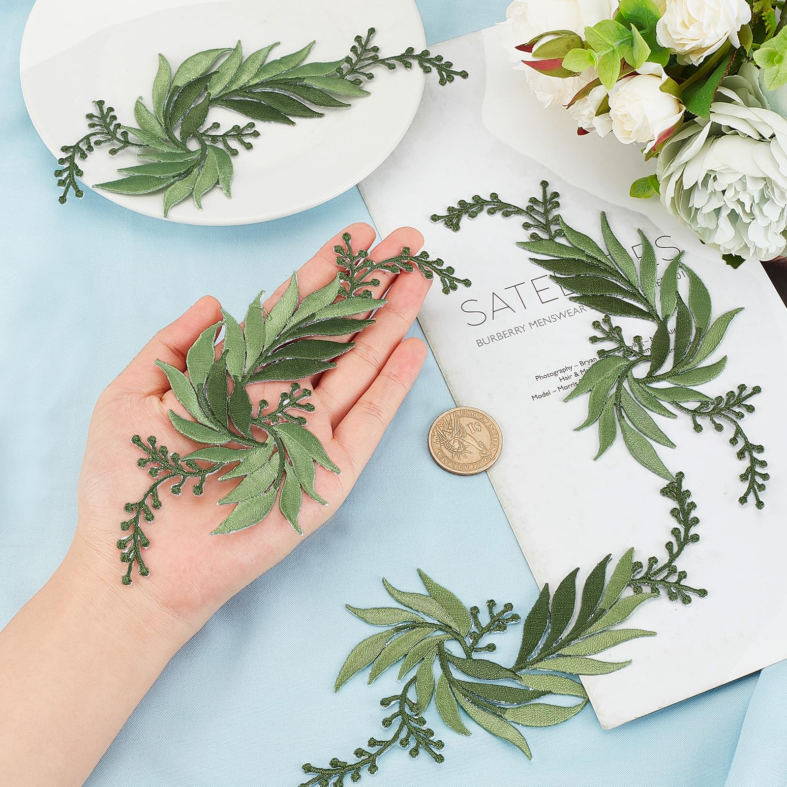 4 Toppe Ricamate Foglie E Fiori - Applique In Pizzo Verde Scuro | Per Vestiti E Decorazioni Fai-Da-Te