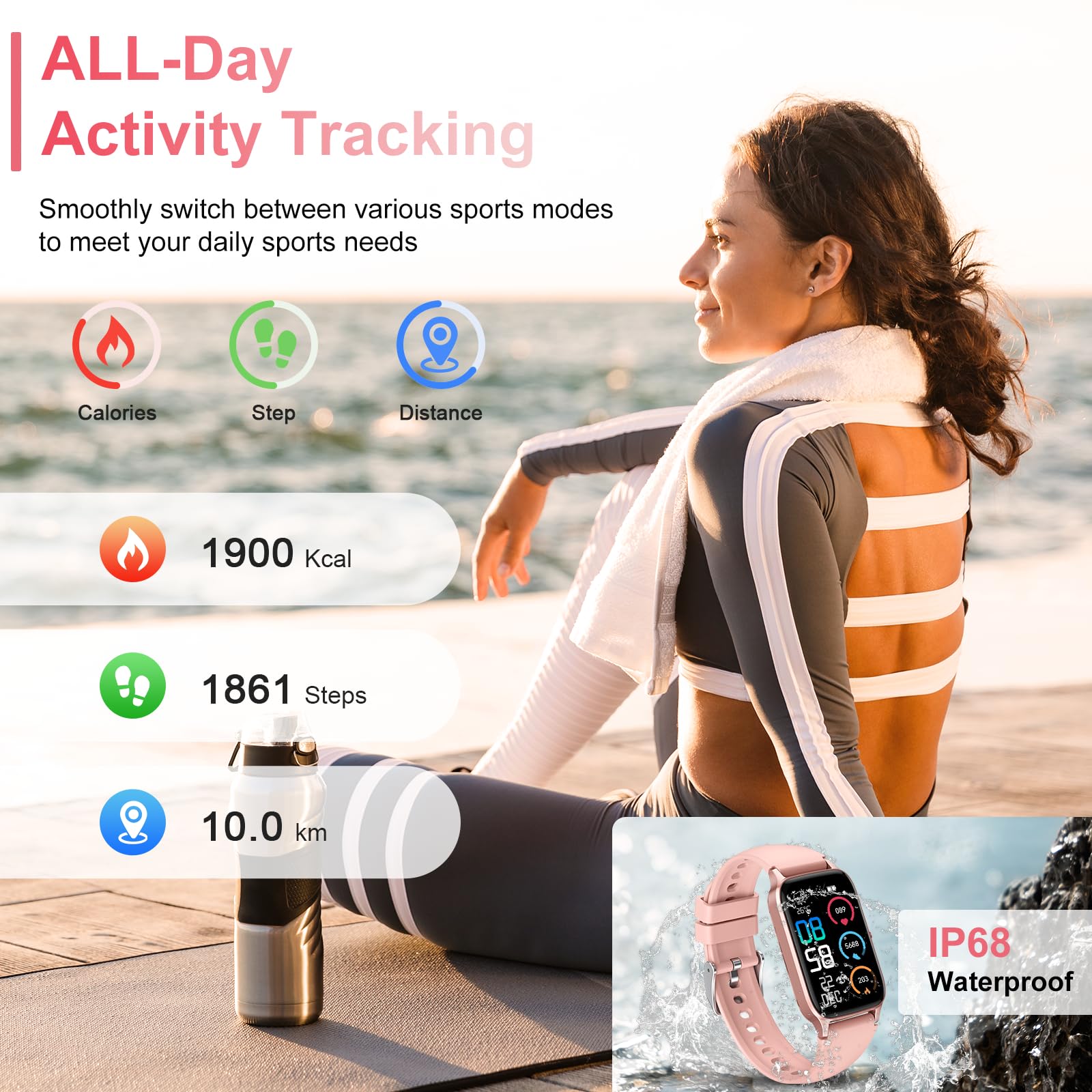 Reloj Inteligente Hombre Mujer, 1.57'' HD Smart Watch Llamadas Bluetooth, Pulsómetro Monitor de Sueño Podómetro Smartwatch, 110+ Deportivos Modos Pulsera Actividad, Impermeable IP68 Android iOS Rosa