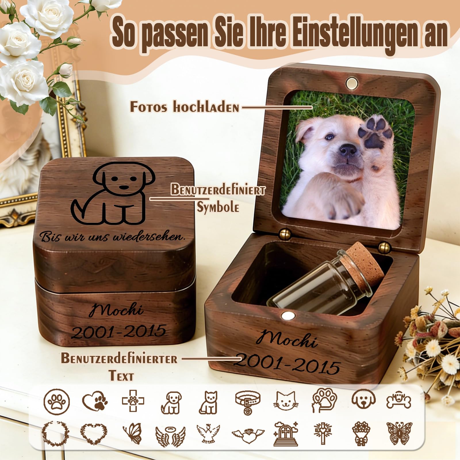 Urne Funéraire en Bois Personnalisée Gravure du Prénom et Date - Petite Urne Funéraire pour Cendres Adulte ou d'Animal de Compagnie Souvenir de Funérailles & Deuil (Bois de noyer) - 2