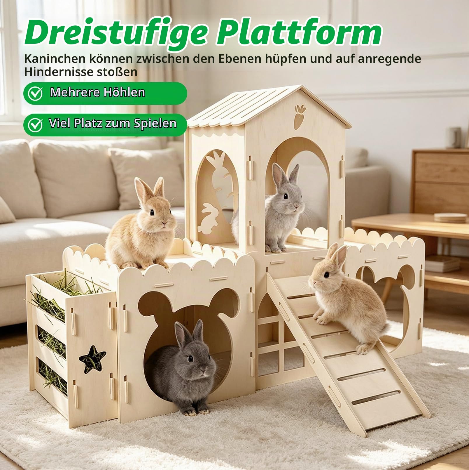 Bunny Castle Haus Mit Rampe, Kaninchenhaus Holzhaus Kaninchen, Belüftetes