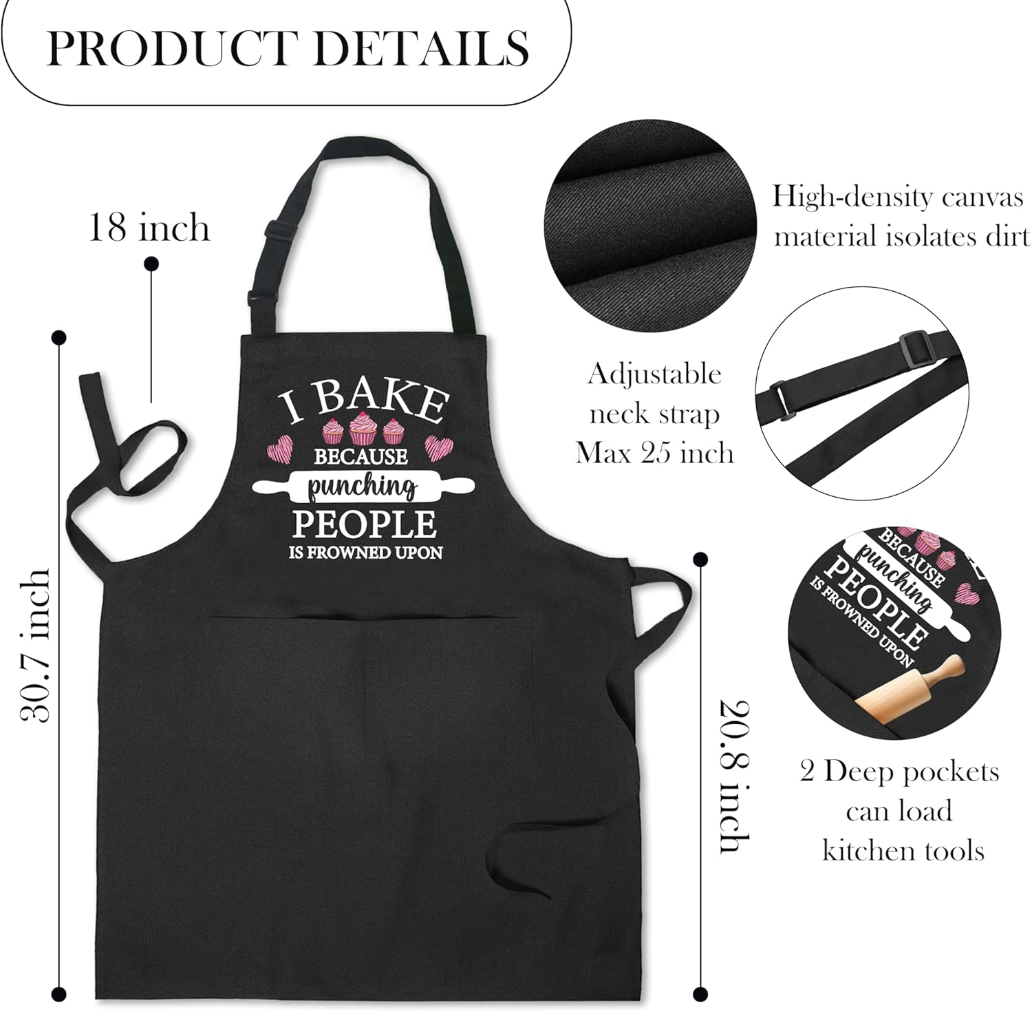 Humorous Baking Apron with Pockets, Funny Baking Gifts, Baker Gifts, I Bake Because Punching People Is Frowned Upon Waterproof Adjustable Cooking Apron for Kitchen Dishwashing Grilling - Image 6