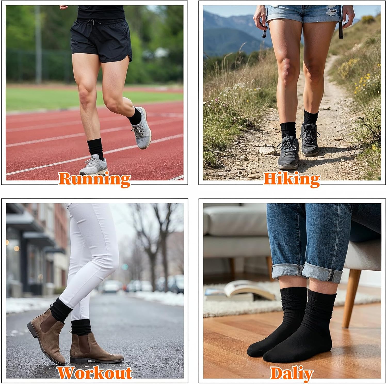 Ouligay 2 Pack Black Scrunch Crew Socks for Women Retro Cozy Slouchy Mid Calf Socks Solid Athletic Chunky Slouch Socks - Image 7