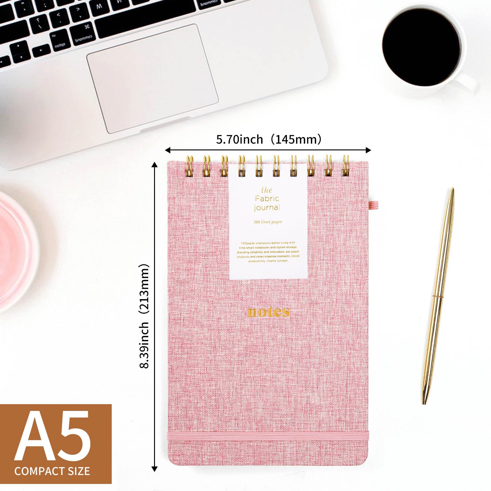 Quaderno a spirale A5 con copertina rigida, 160 pagine, carta spessa 100 g/m², con elastico e portapenne, quaderno a righe per lavoro, scuola, viaggi, rosa