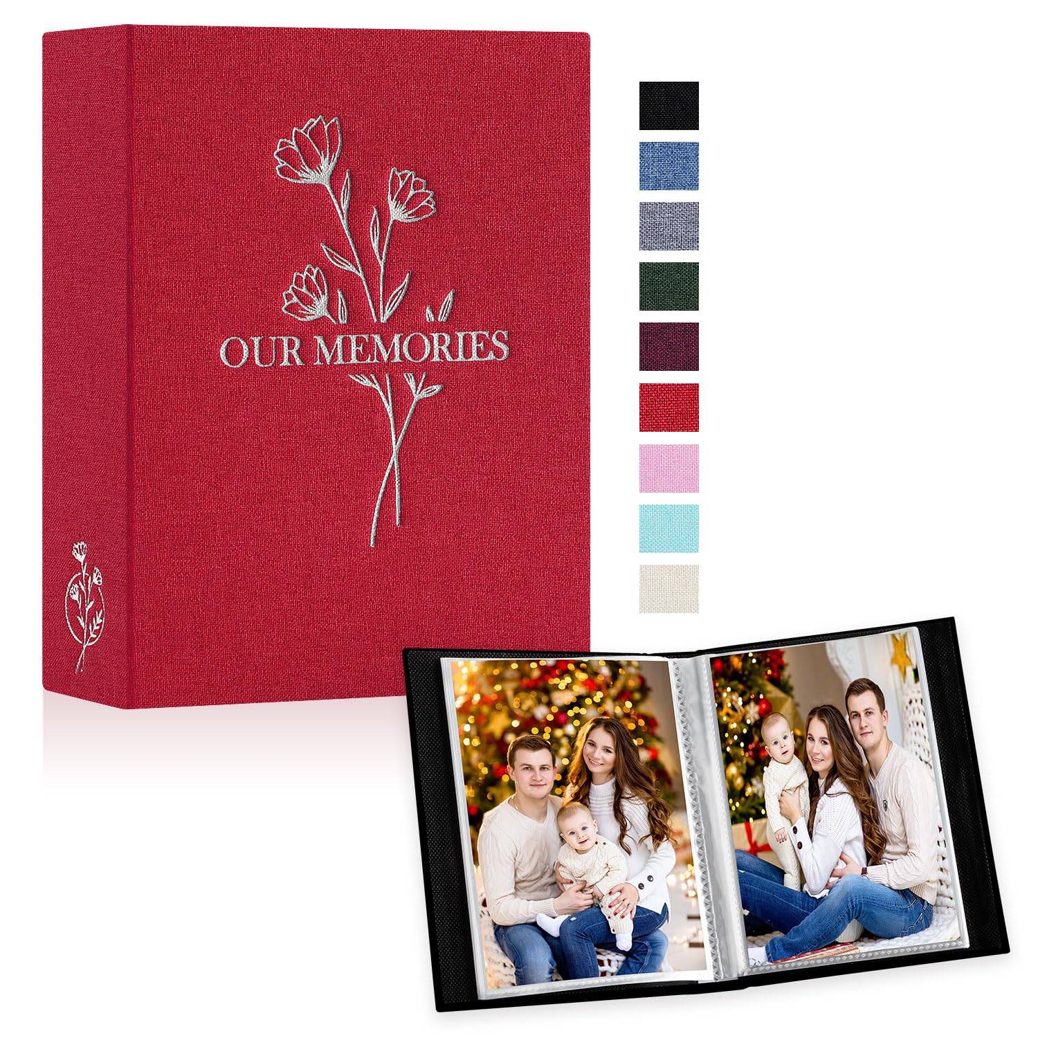 Lanpn Lino Album Fotografico 10x15 50 Tasche 2 Confezioni, OUR MEMORIES Piccolo Mini Biancheria Album Foto Portafoto Verticale Tascabile Tasca (Rosso)