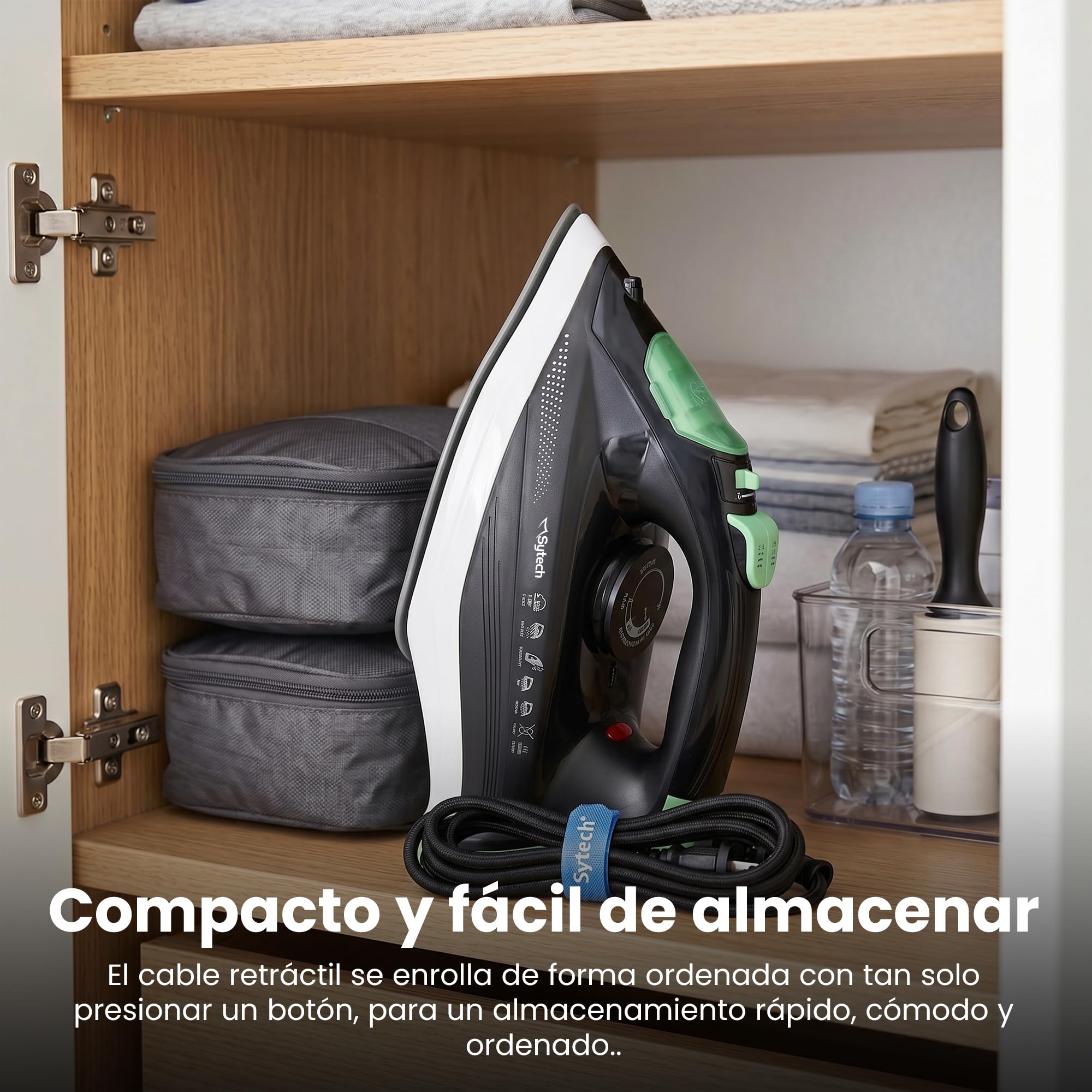 plancha de vapor, 2200w., suela ceramica, antical, antigoteo, verde (sytech)