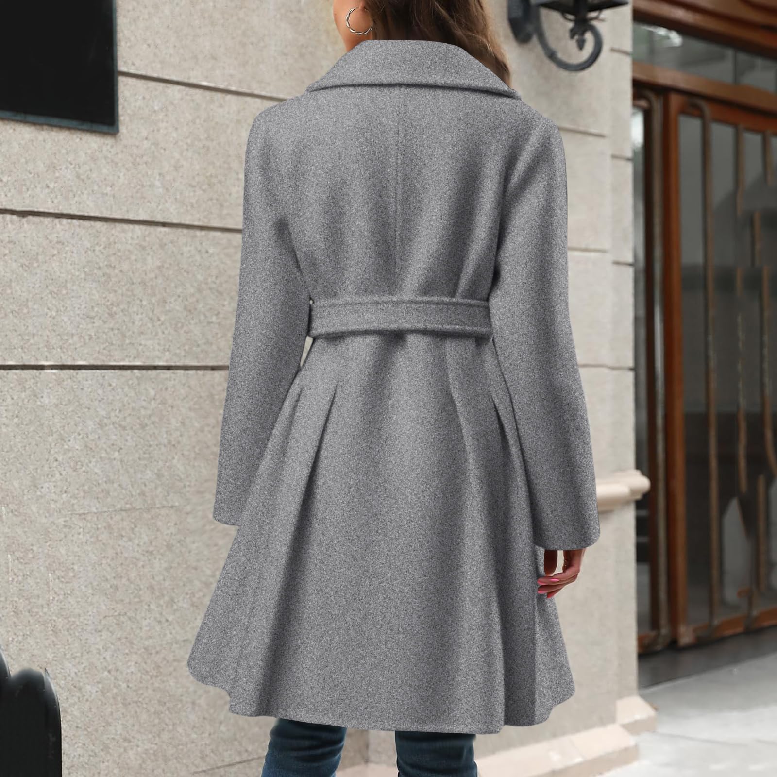 Generisch Trenchcoat Damen Lang Winterjacke Warm Elegant Wollmantel Dicke Oversize Damen-Jacken Umlegekragen Wintermantel Mit Knöpfen Übergangsjacke Frauen A-Linie Mantel Mit Gürtel Wolljacke