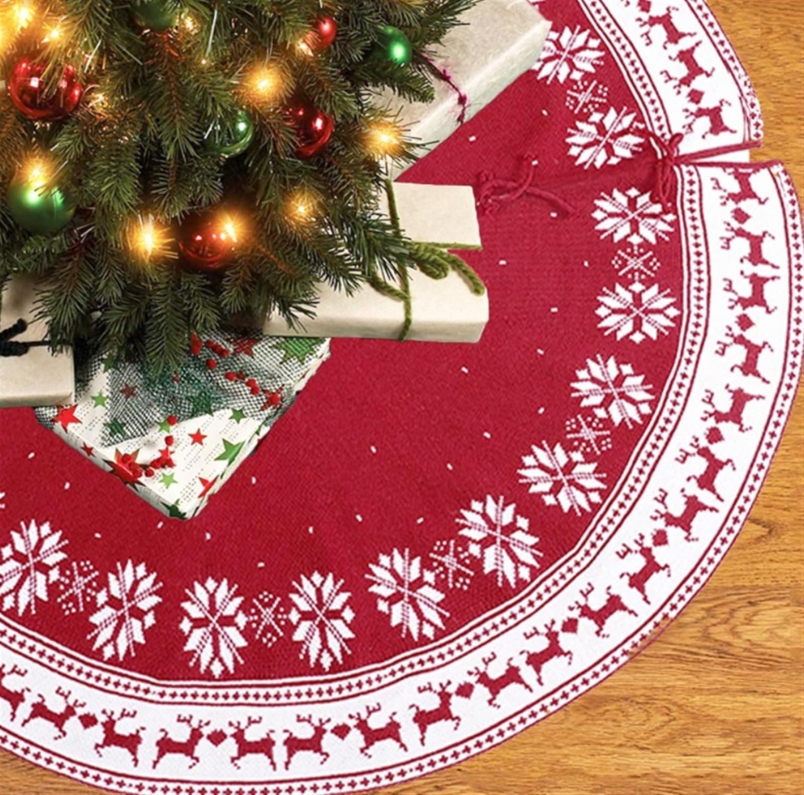 Weihnachtsbaum Rock, Roter Weihnachtsbaumrock Stricken Mit Schneeflocken-Hirsch, Rustikale Ländliche Weihnachtsdekoration Decke Weihnachtsbaum(48 Inches)