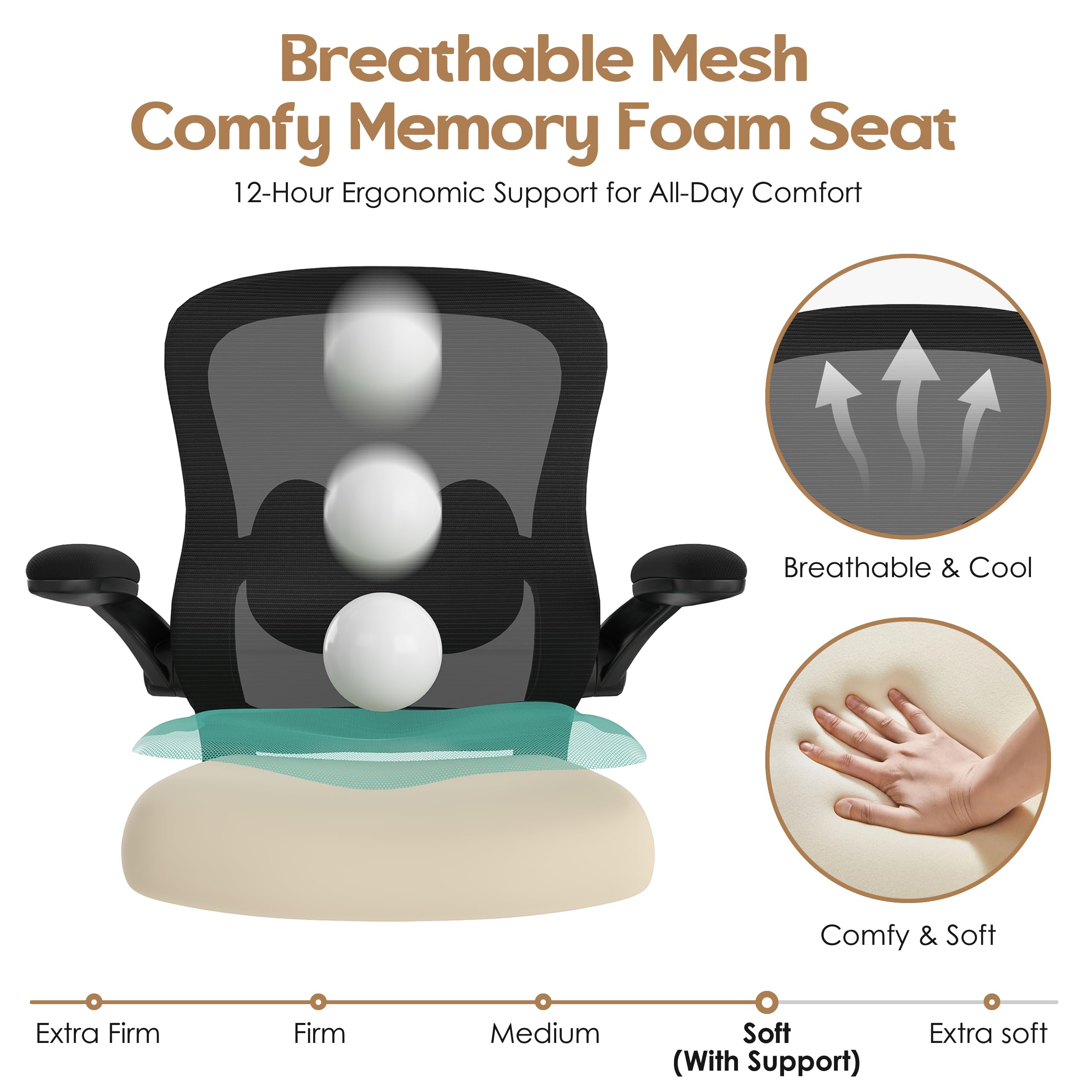 Farini Sedia da ufficio ergonomica in rete, braccioli pieghevoli, supporto lombare regolabile, girevole a 360°, ruote, per casa e scrivania, nera