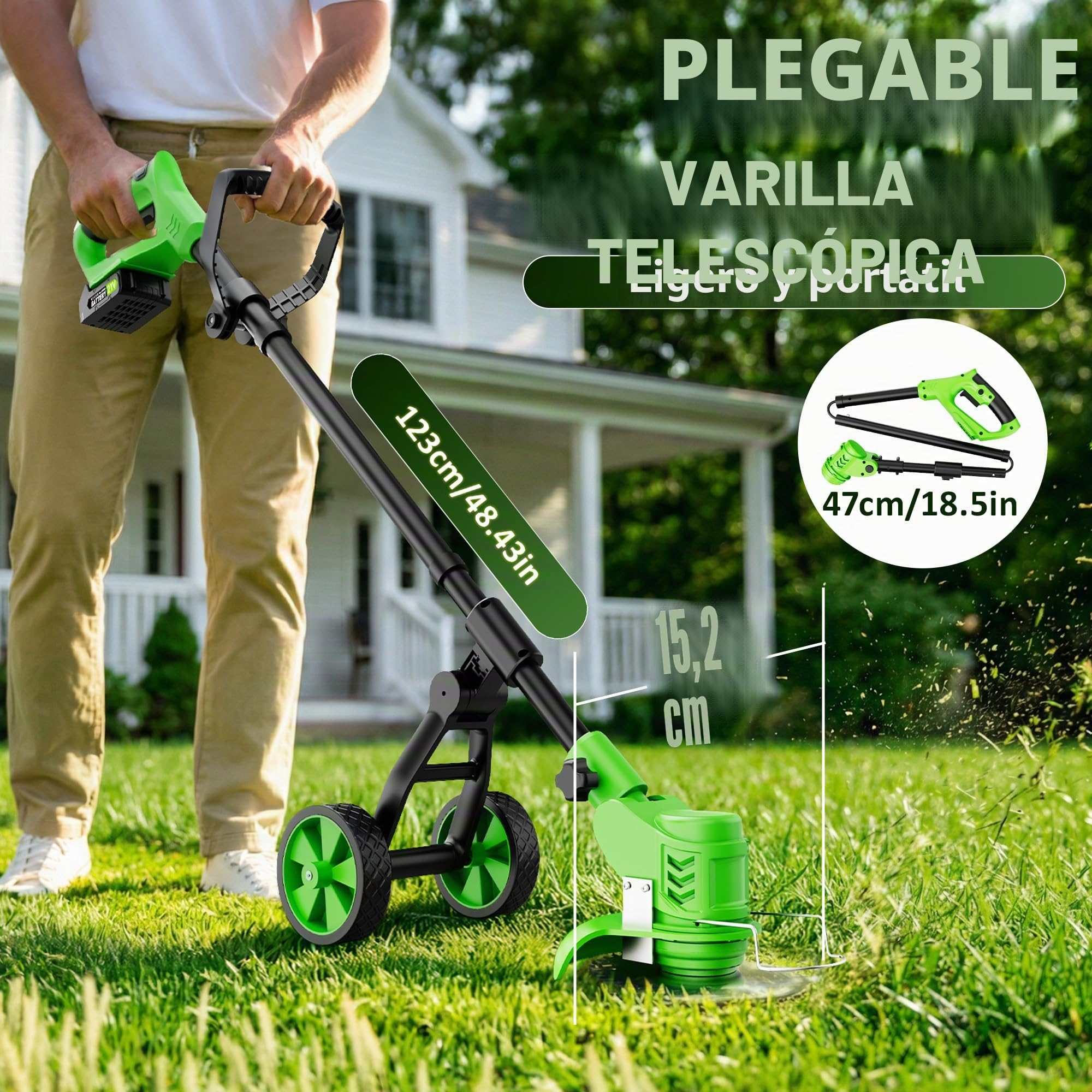 Desbrozadora Eléctrica a Batería 21V 650W, Cortabordes 4 en 1 Multifunción con 2 Baterías 2000mAh, Ruedas Desmontables, Cabezal Ajustable 90°, Herramienta de Jardín para Césped, Bordes