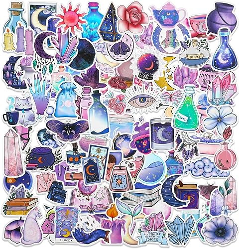 100 calcomanías mágicas de luna de medianoche para botellas de agua, paquetes de calcomanías de bruja morada para adolescentes, calcomanías de