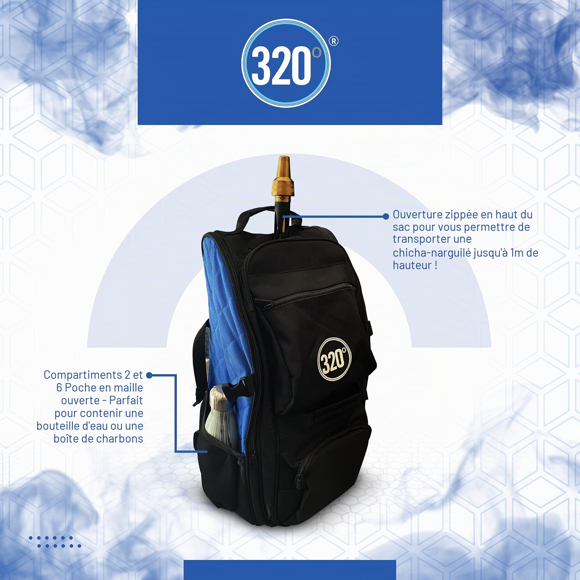 Grand sac de transport pour chicha narguilé Sac de transport Sac à dos de transport 14 compartiments Noir et bleu Sac de voyage, noir/bleu, Sac de voyage