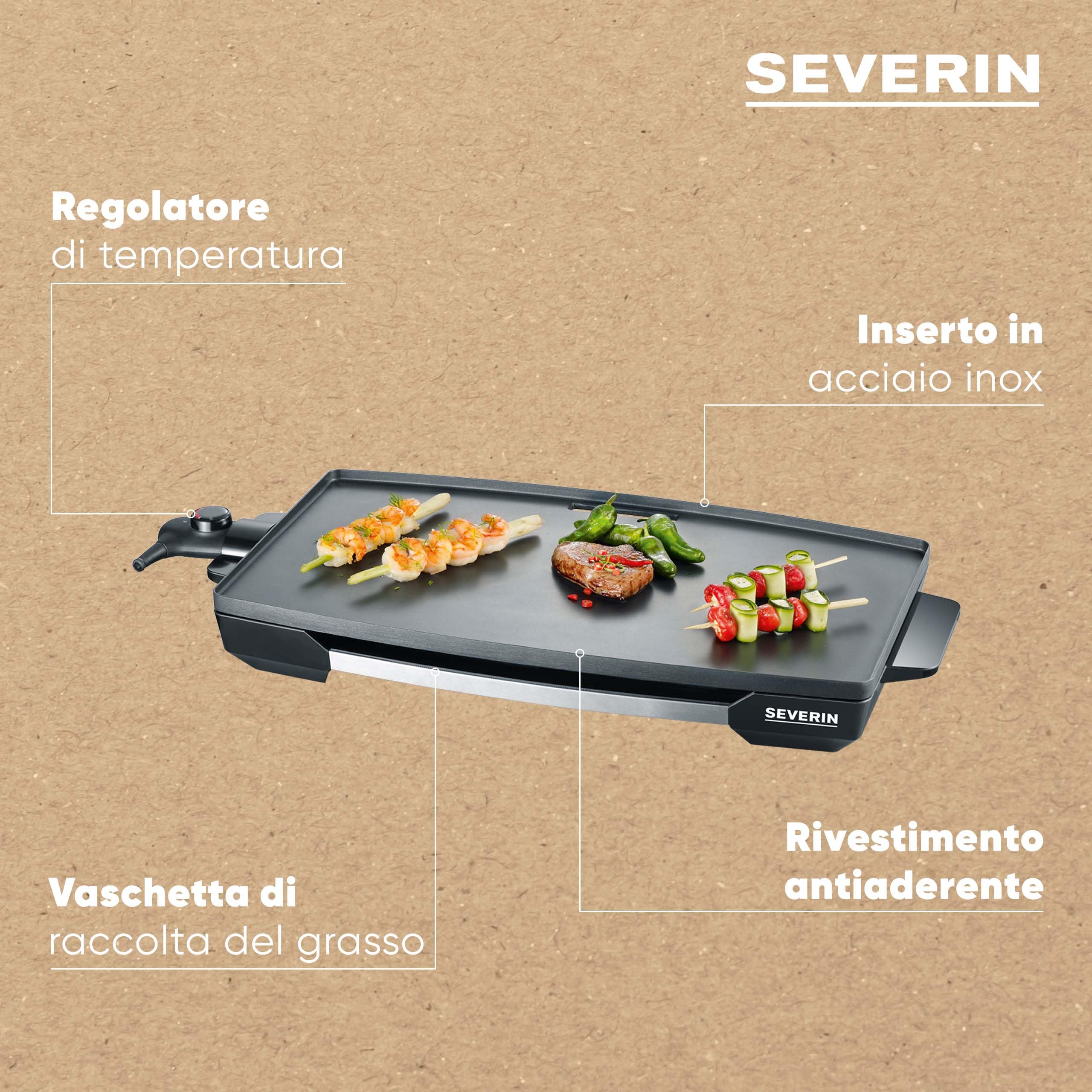 SEVERIN KG 2397 Piano cottura XXL da 2200 Watt, Superficie di cottura multiuso, Piastra in alluminio pressofuso antiaderente, Piastra antiaderente da 2052 cm quadri, Acciaio/nero