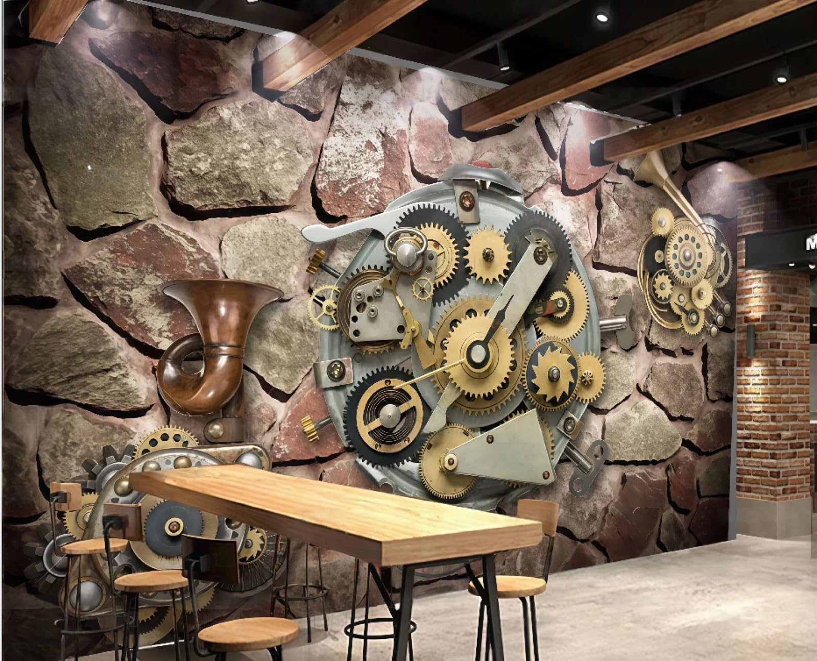 XDOUBAO Wallpaper Nostalgic Stone Wall Three-Dimensional Gear Bar Nightclub Theme Afternoon Tea Western Restaurant Background Wall Wallpaper Coffee Shop Mural,3D,150x105cm