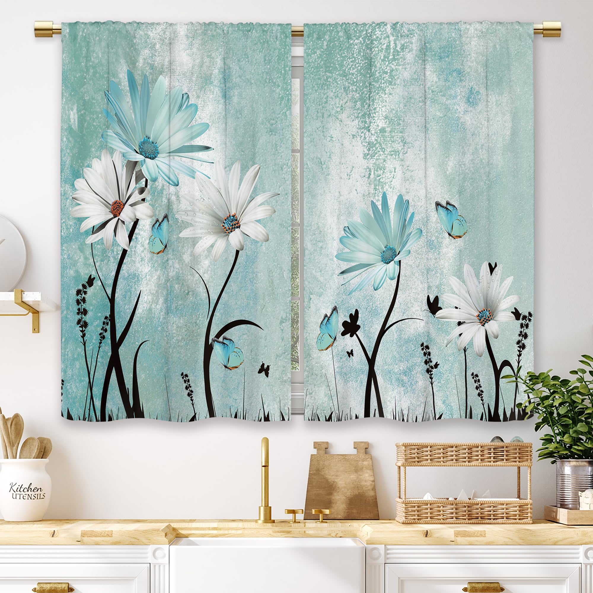 Laifzere Farmhouse Flower Kitchen Curtains Teal Rustic Daisy Floral Small Short Cafe Window Curtains Country Vintage Turquoise Rod Pocket Bathroom Window Drapes Treatment Tier Curtains (27.5x39 Inch) — image 1