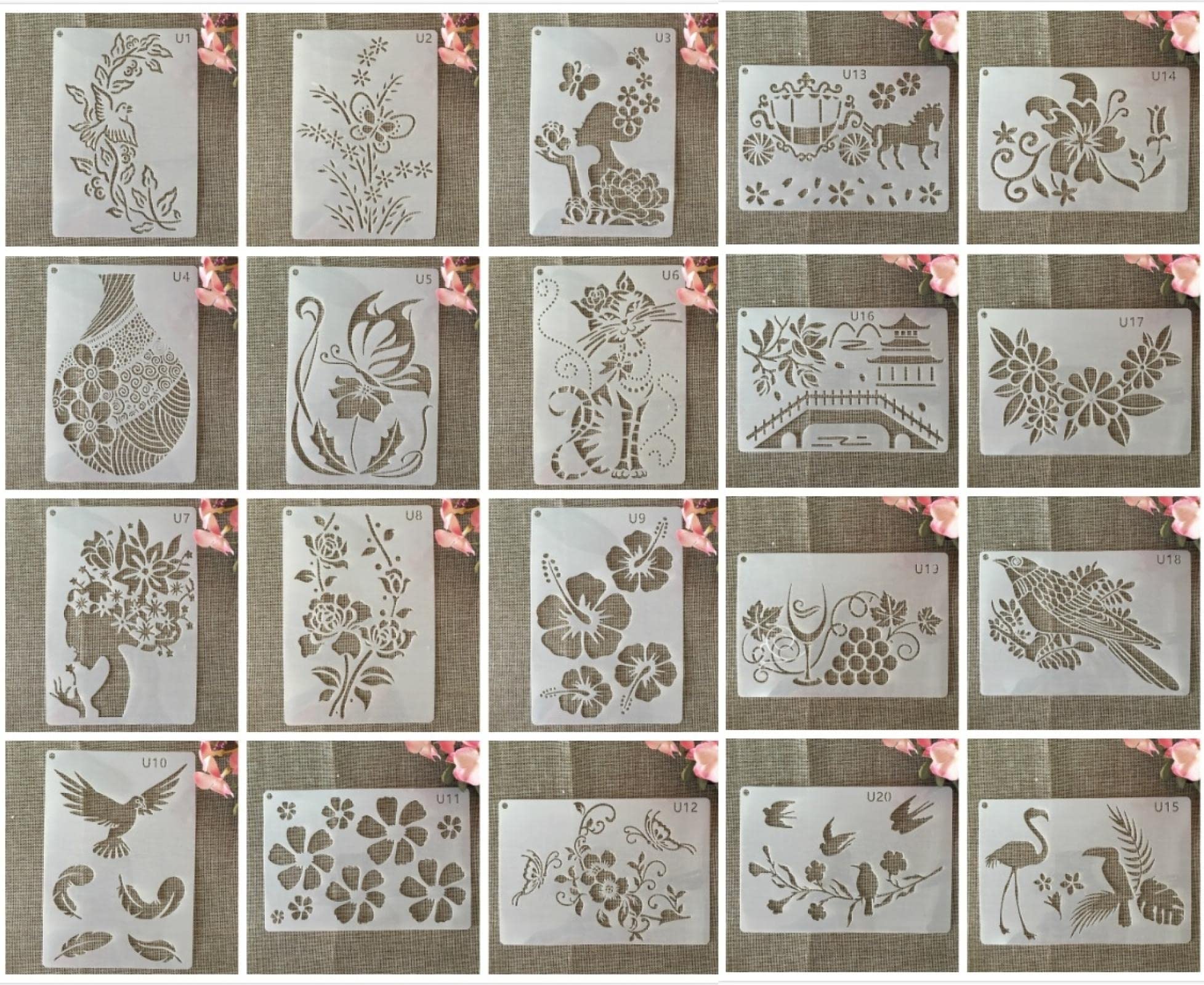 20 stencil riutilizzabili A5 21 x 14,5 cm, motivo: ragazza, gatto, uccello, ponte e farfalla, stencil per pittura su legno, portico, porta d'ingresso, parete, decorazione per la casa