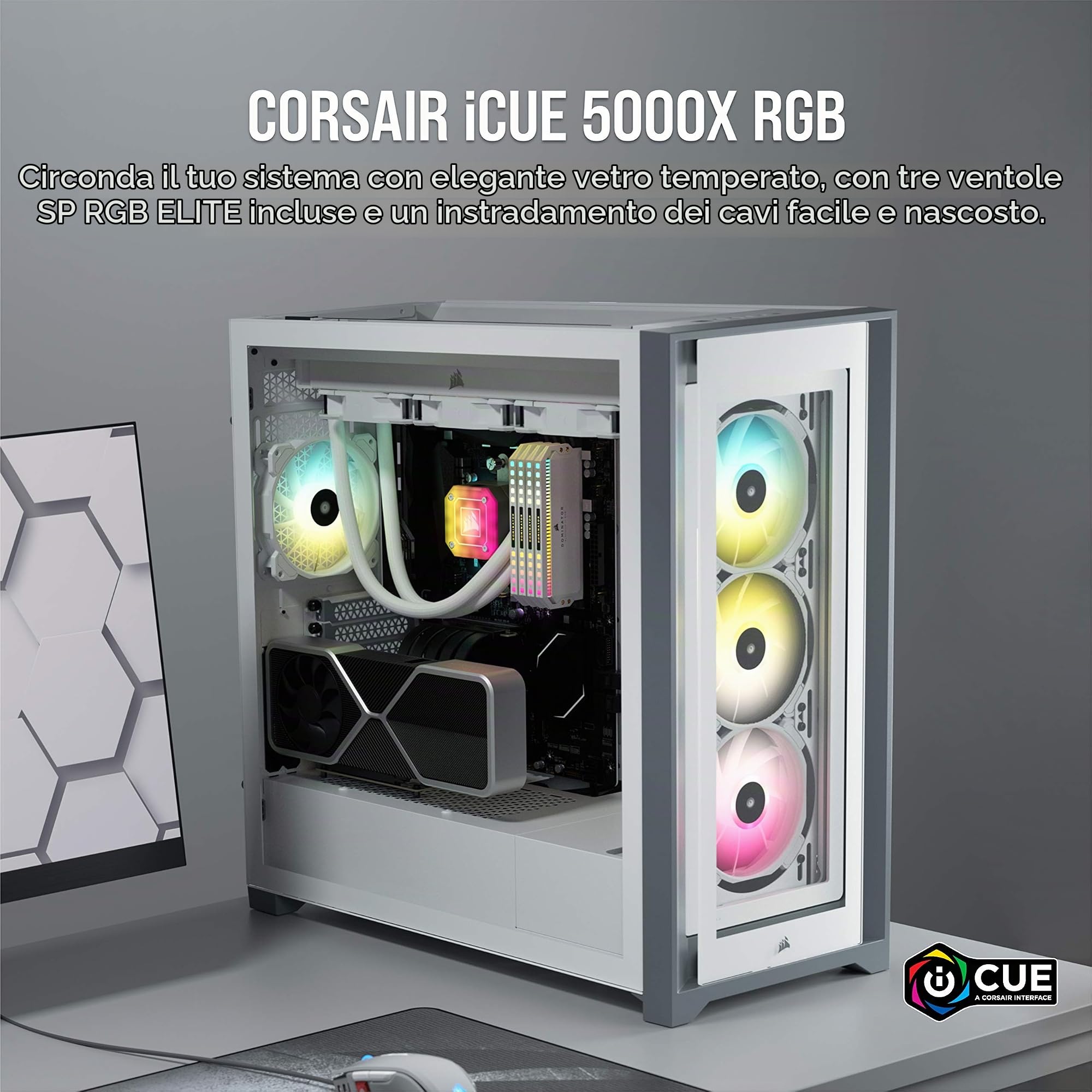 Corsair iCUE 5000X RGB Case per PC Intelligente ATX Mid-Tower con Vetro Temperato (Quattro Pannelli in Vetro Temperato, Sistema di Gestione dei Cavi RapidRoute, Tre Ventole da 120 mm Incluse) Bianco