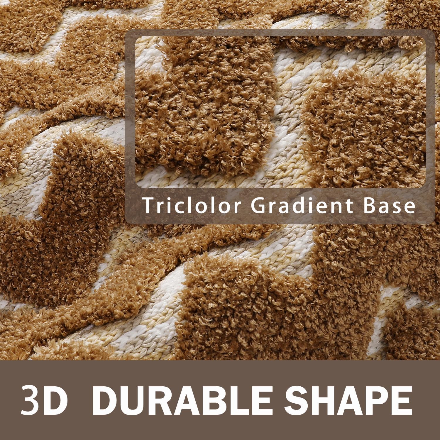 3D Luxury Wave Brown Tan Ombre Geometric Bathroom Mat, 20"x32" Extra Soft and Absorbent Microfiber Bath Rug, Non-Slip TPR Back, Plush Shaggy Bath Carpet for Floor