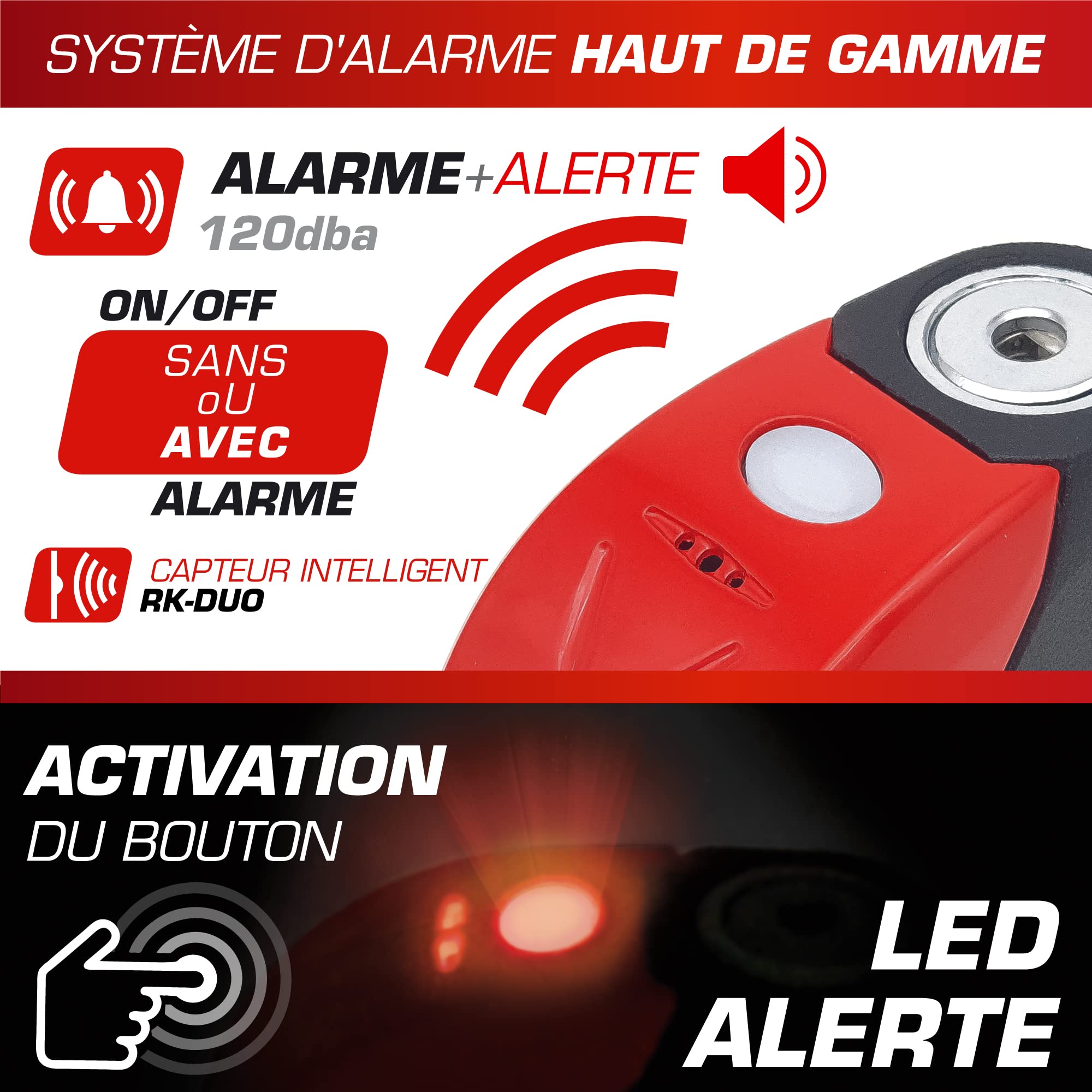 RADIKAL RK9 Antivol Moto, Bloque Disque Alarme Premium 120dB On/Off +Warning +LED Plus Visible, Étanche, Pile CR2 Longue Durée, 100% Métal Compact Bloc Frein 6mm Universel Moto Scooter Vélo Electrique