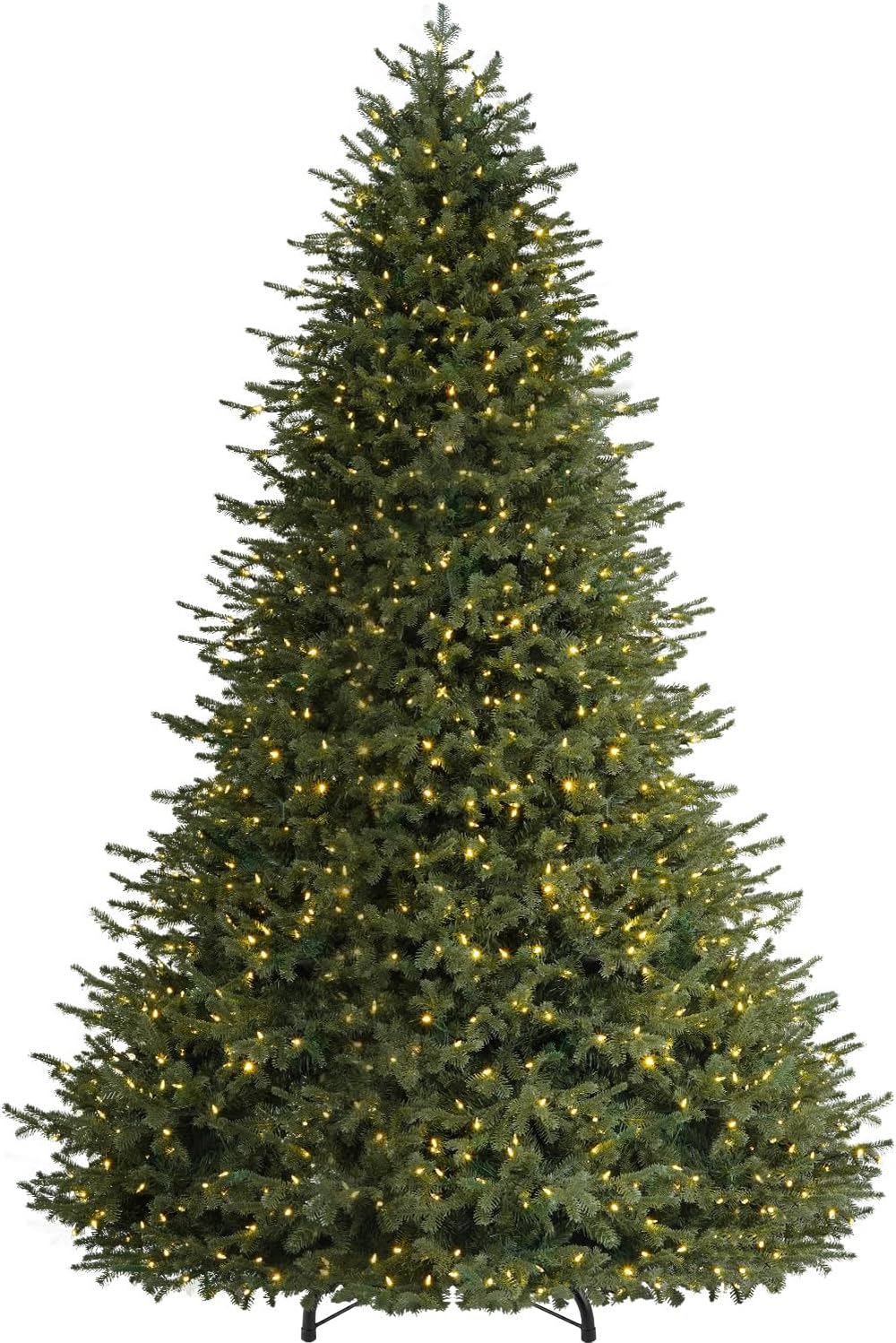 Hykolity 12 ft premium tree, broad and dense, lit with warm white lights on a metal stand