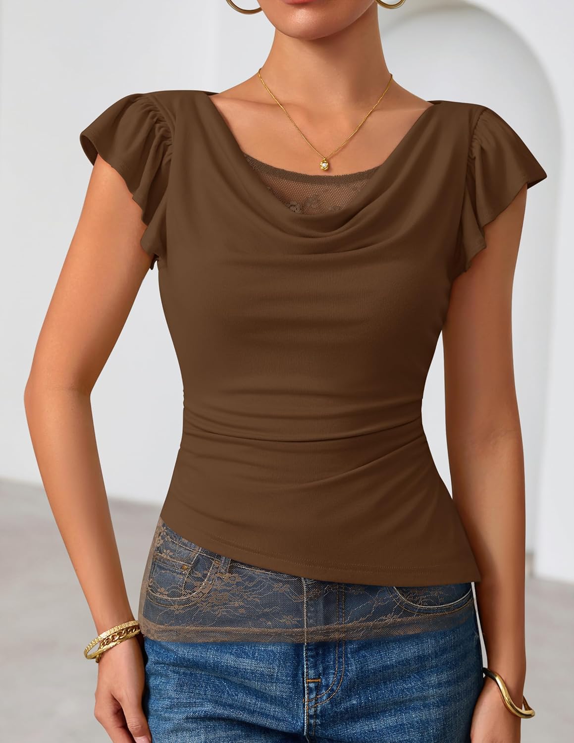 ZESICA Women's Summer Ruffle Short Sleeve Lace Tops Cowl Neck Solid Color Trendy Work Shirts Going Out Blouses - Image 4