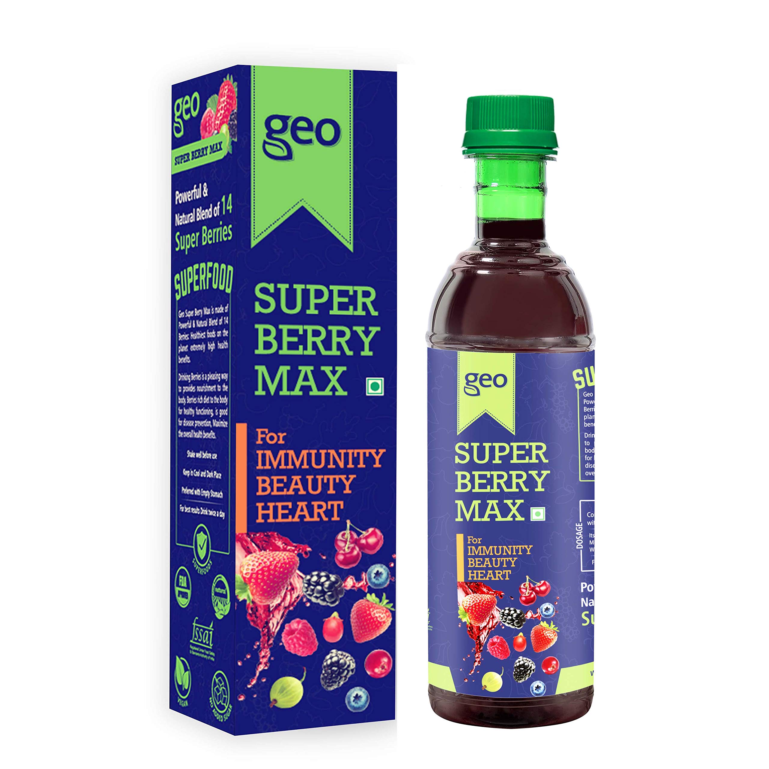 Geo Super Berry Max Juice Concentrate w/Antioxidant Property, Boost Immune, Protect From FREE Radicals, Contains 14 Berries, Aloe Vera & Honey for Healthy Heart, Digestion, Weight Management - 500ml