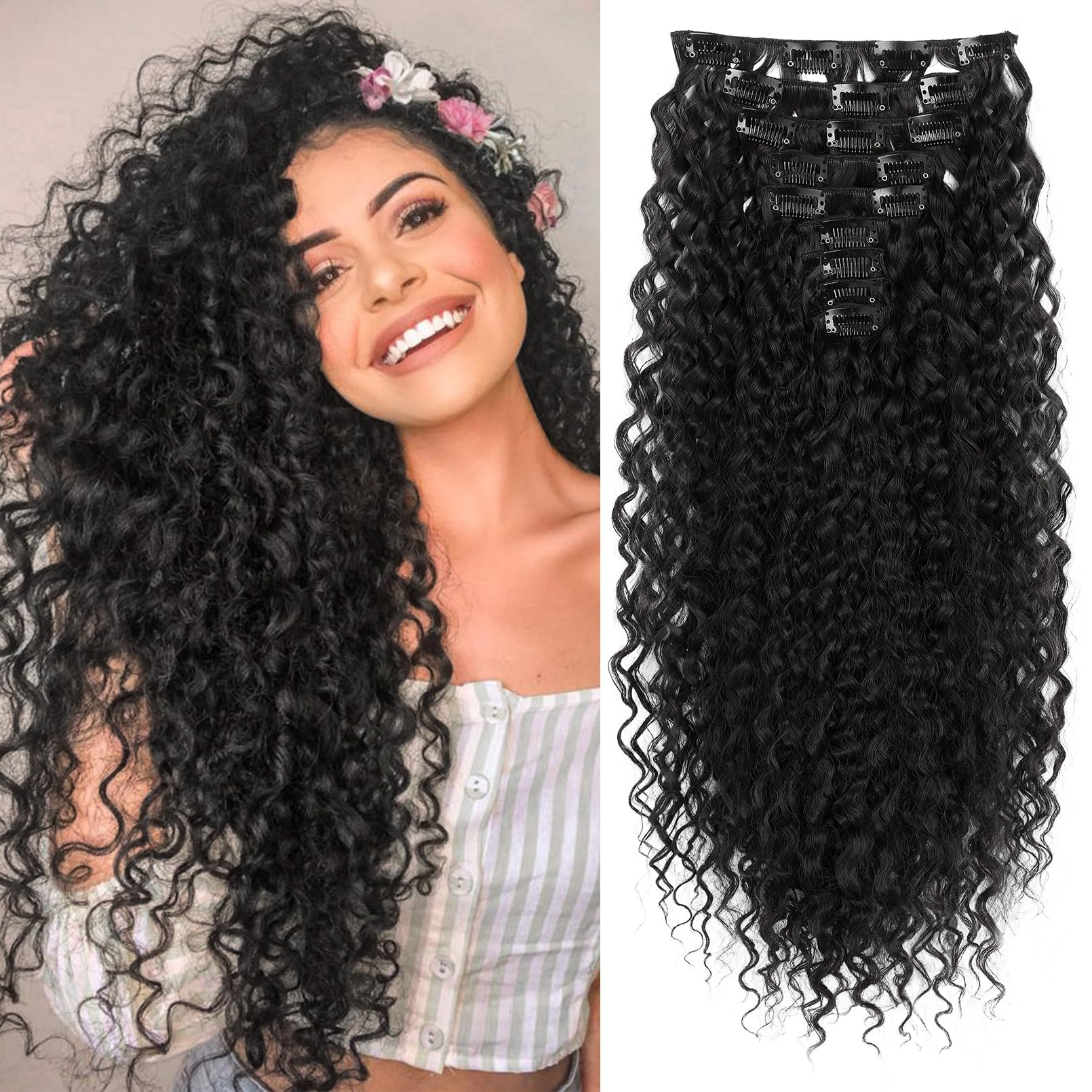 LONAI Black Hair Extension,9PCS 22" Curly Clip in Hair Extensions LN002 Long Soft Thick Synthetic Hairpieces for Women-Black