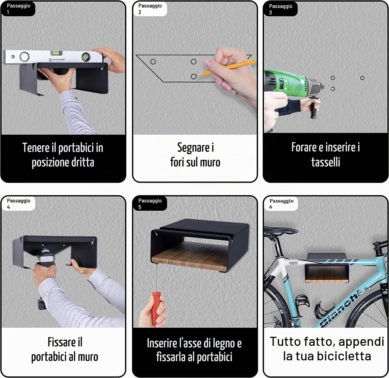 MOSHAY Supporto da parete per bicicletta, in alluminio e legno, supporto per bicicletta da strada, bici da ghiaia, bici da turismo, supporto da parete per interni per garage e soggiorno