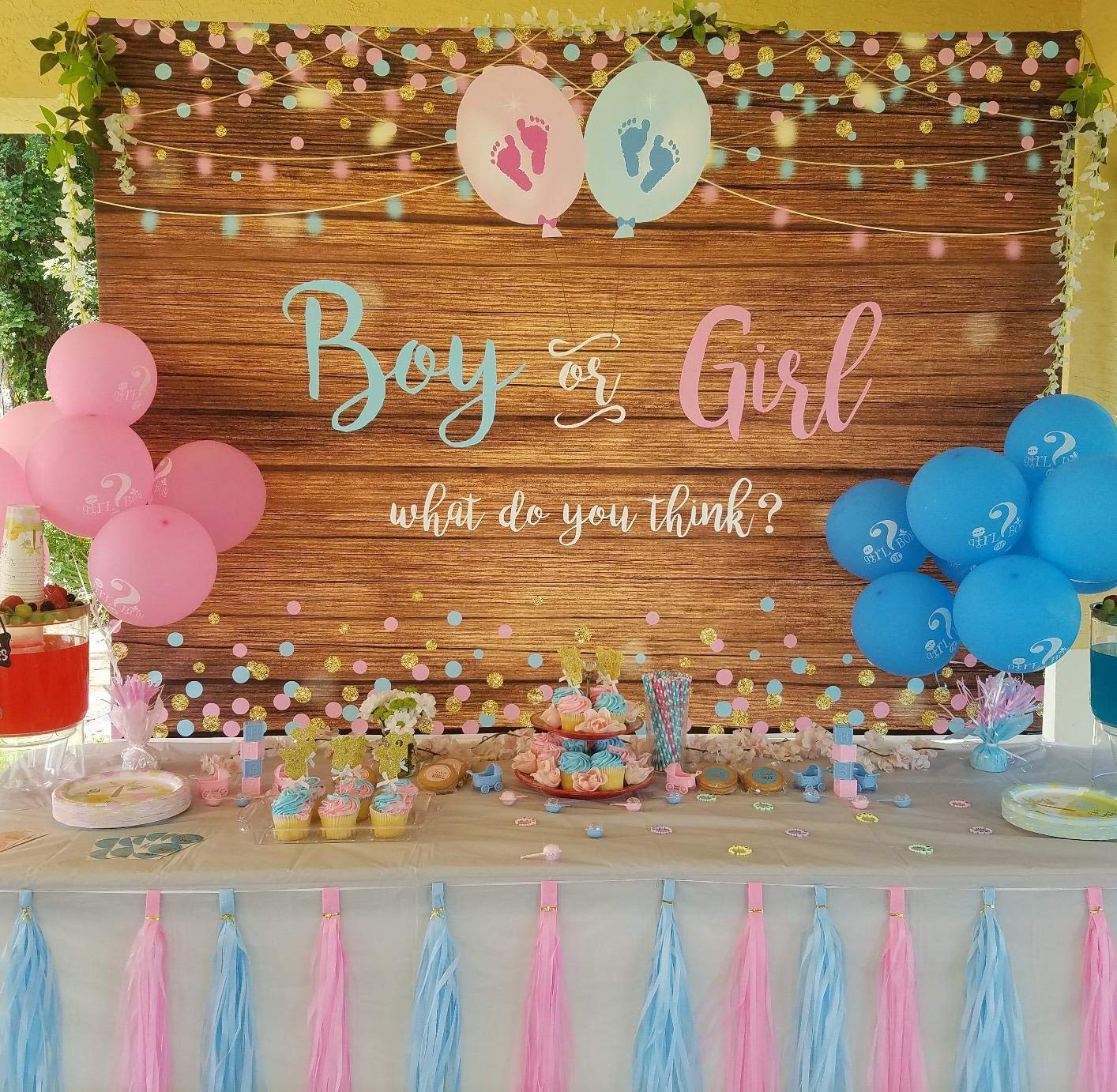 Mocsicka Boy or Girl Gender Reveal Backdrop Pink or Blue Party Decorations 82x60 inch Wood Floor Photography Background Banner