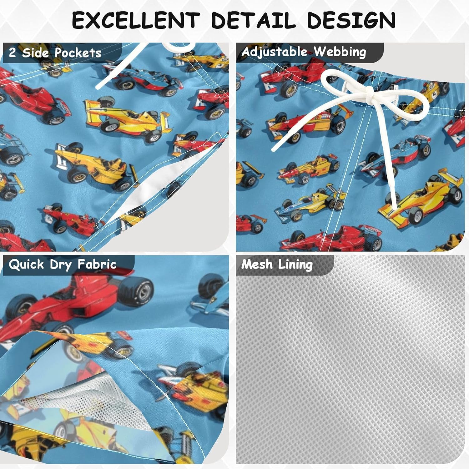 Pigsaly Hippie Racing Cars Boys Swim Trunks Race Car Beach Board Shorts Summer Bathing Suit 2T