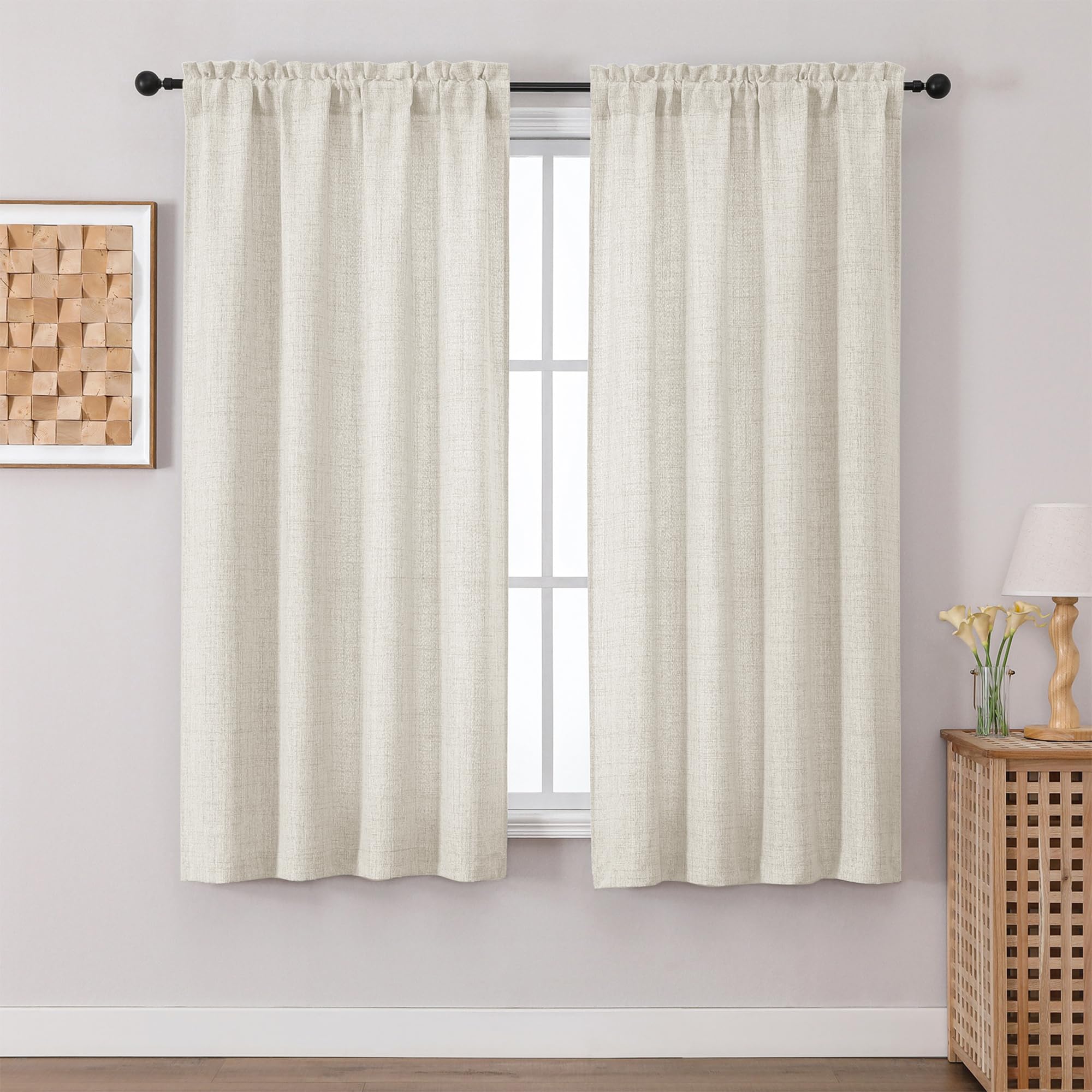 Chyhomenyc Natural Curtains 63 Inch Length 2 Panels, Light Filtering Faux Linen Slub Textured Soft Airy Living Room Curtain, Neutral Rod Pocket Window