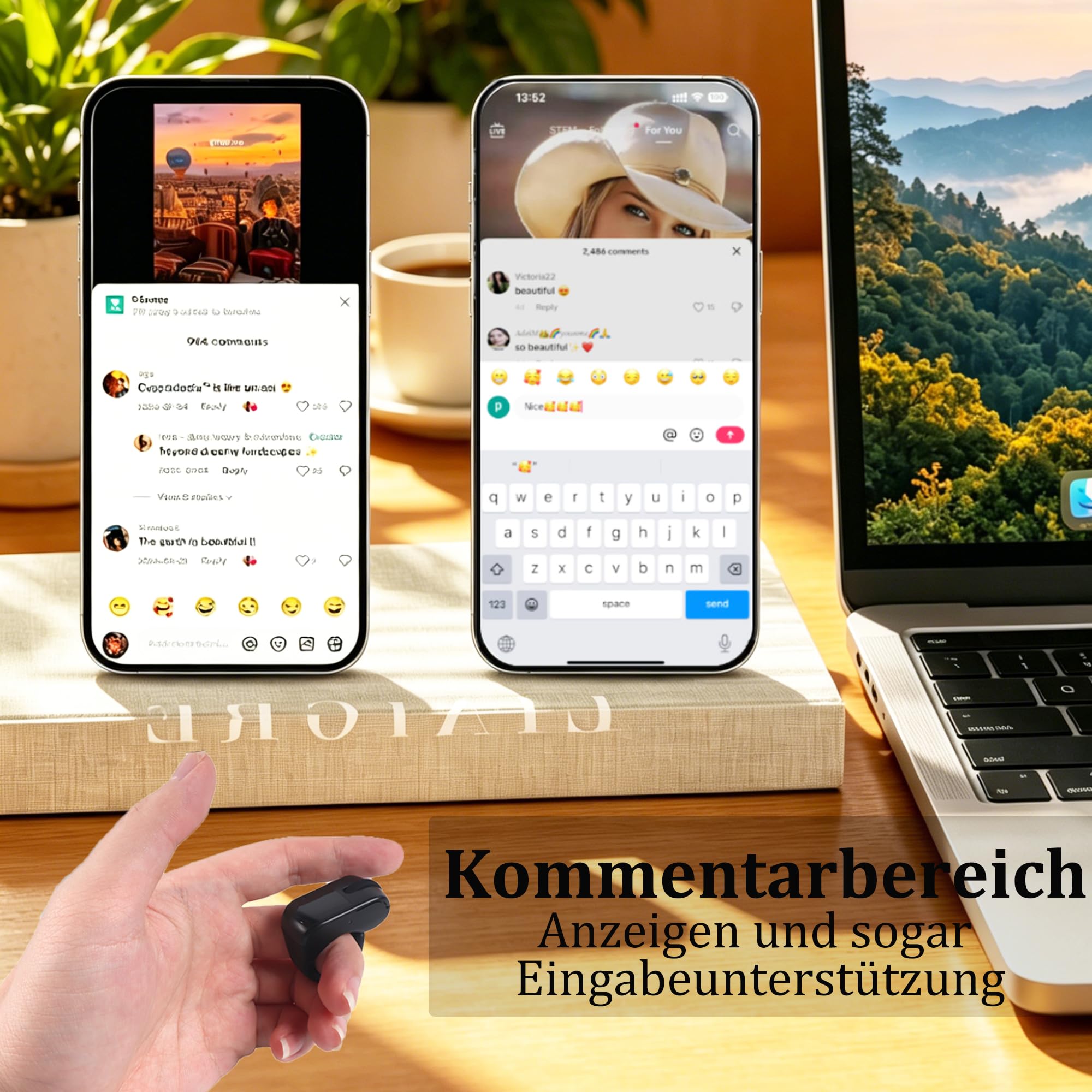 TikTok-Scrolling-Ring, Bluetooth-Fernbedienung mit Touchpad, Wiederaufladbar mit Ladehülle, Fernbedienung für Kurzvideos, Kamera-Auslöser, E-Book Seitenwender, für Telefon Tablet iOS Android(Schwarz)