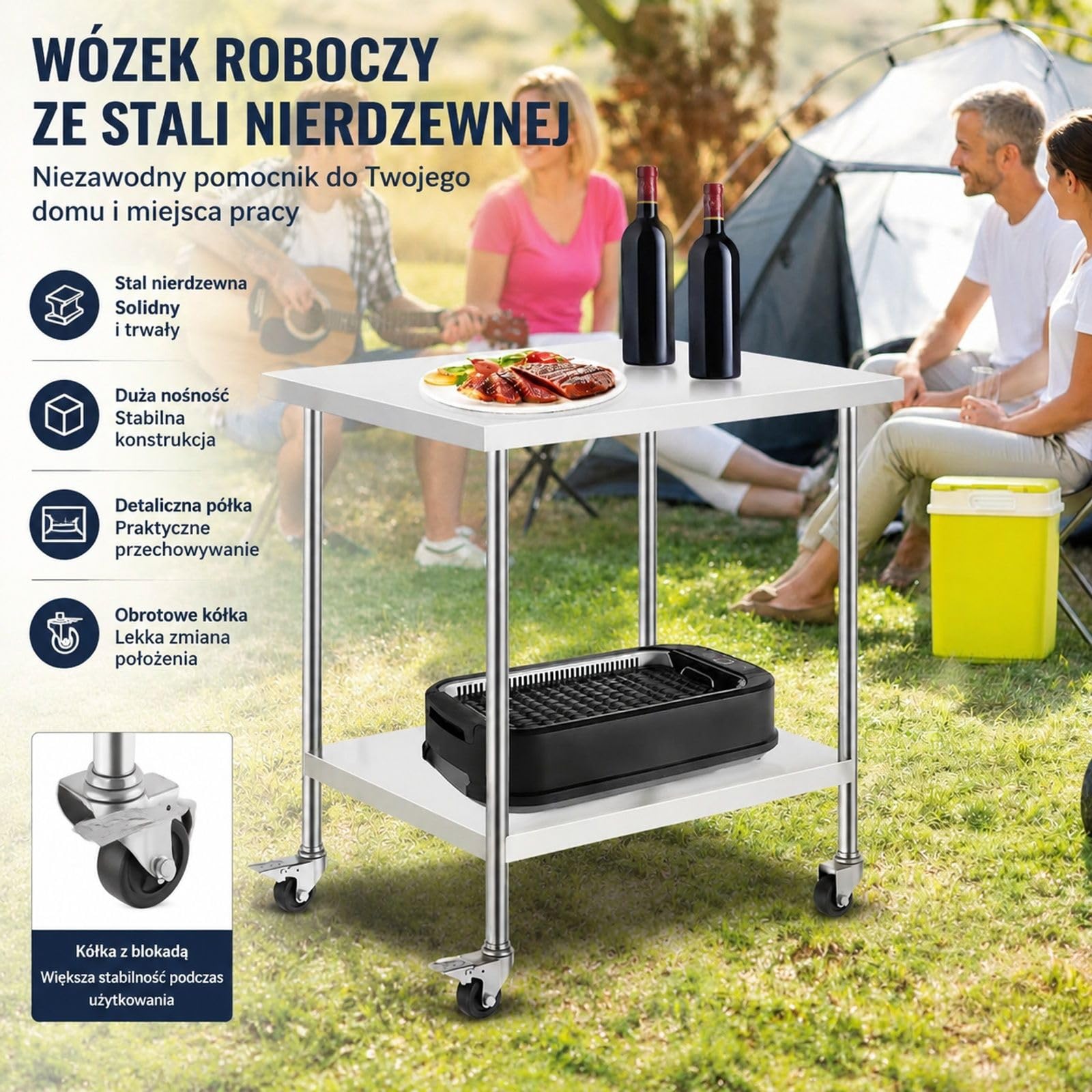 Stół roboczy ze stali nierdzewnej z kółkami i dolną półką do kuchni i restauracji