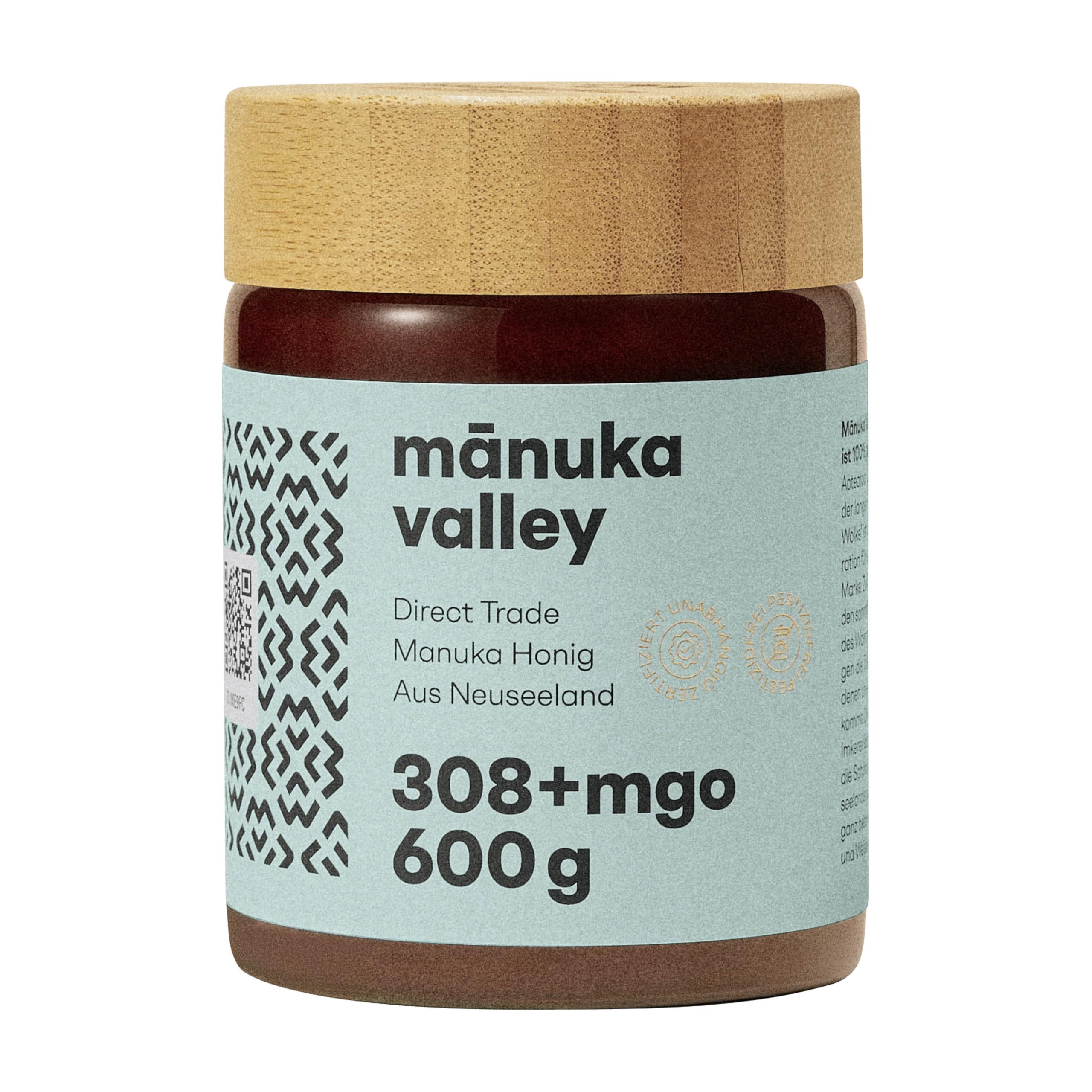 MANUKA VALLEY – Manuka Honig mit 308+ MGO im Glas. 600 g. Laborgeprüft und zertifiziert – 100 % natürlicher Manuka-Honig aus Neuseeland. Cremiger, milder und zarter Manukahonig