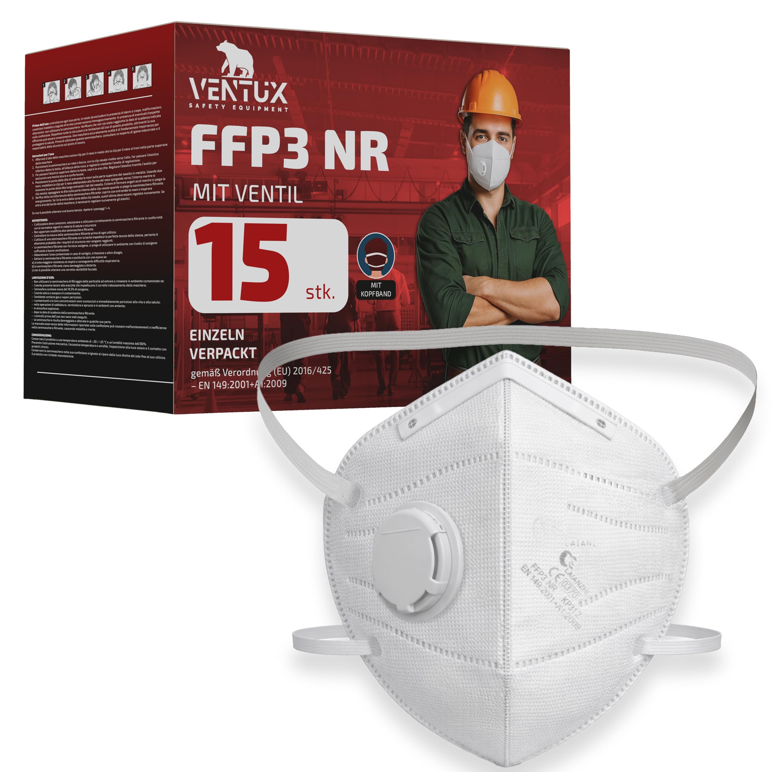VENTUX SAFETY EQUIPMENT 15 Stück FFP3 Maske mit Ventil - Hochwertiger Atemschutz mit Hoher Filtration - Komfortabel und Ergonomisch - Ideal für Baustelle und Industrie
